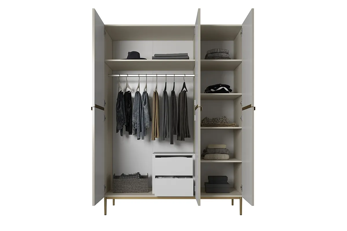 Szafa 3-drzwiowa NICOLE 150 z półkami, drążkiem i 2 szufladami - kremowa - złoty stelaż - B_148519