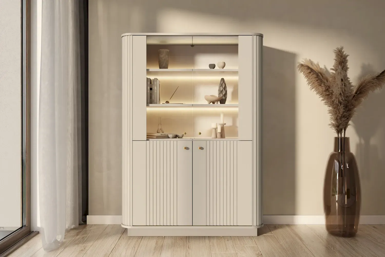 Witryna 4-drzwiowa VESPER z oświetleniem ryflowany front - cashmere złote uchwyty cokół - B_169473