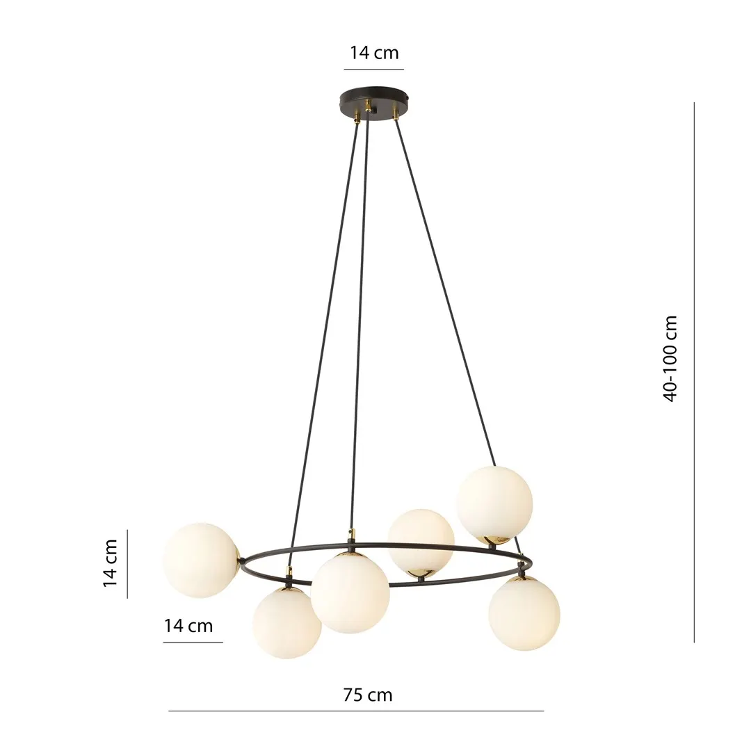 lampa wisząca, kule lampowe, metalowy stelaż, czarna konstrukcja, białe kule