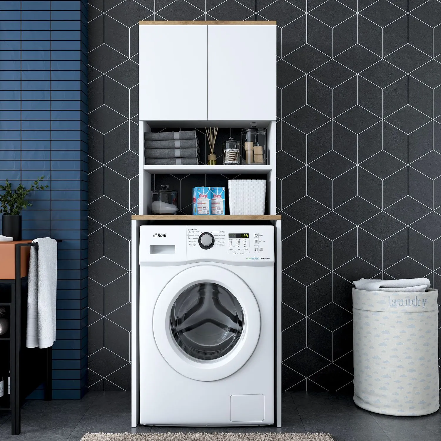 Zabudowa na pralkę z regałem KD101 szer.65 wys. 183,6 biały orzech - ASI_543WRN1201