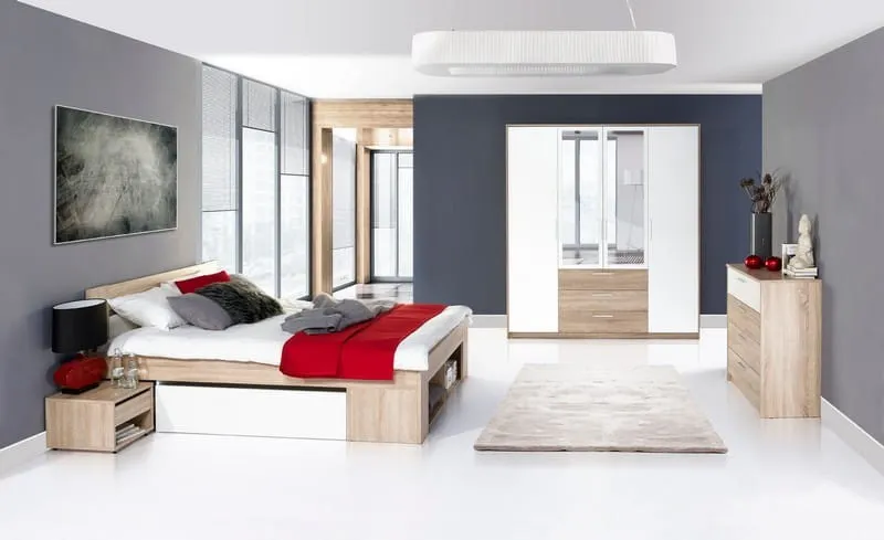 Łóżko MILO 9 z zagłówkiem dwuosobowe z szafkami nocnymi dąb sonoma biały 160x200cm - TH-100-0541