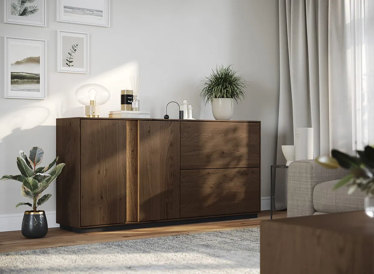 Komoda TV dębowa COLLODI 4-drzwiowa z oświetleniem 165 cm - tabacco - ZICOL06T