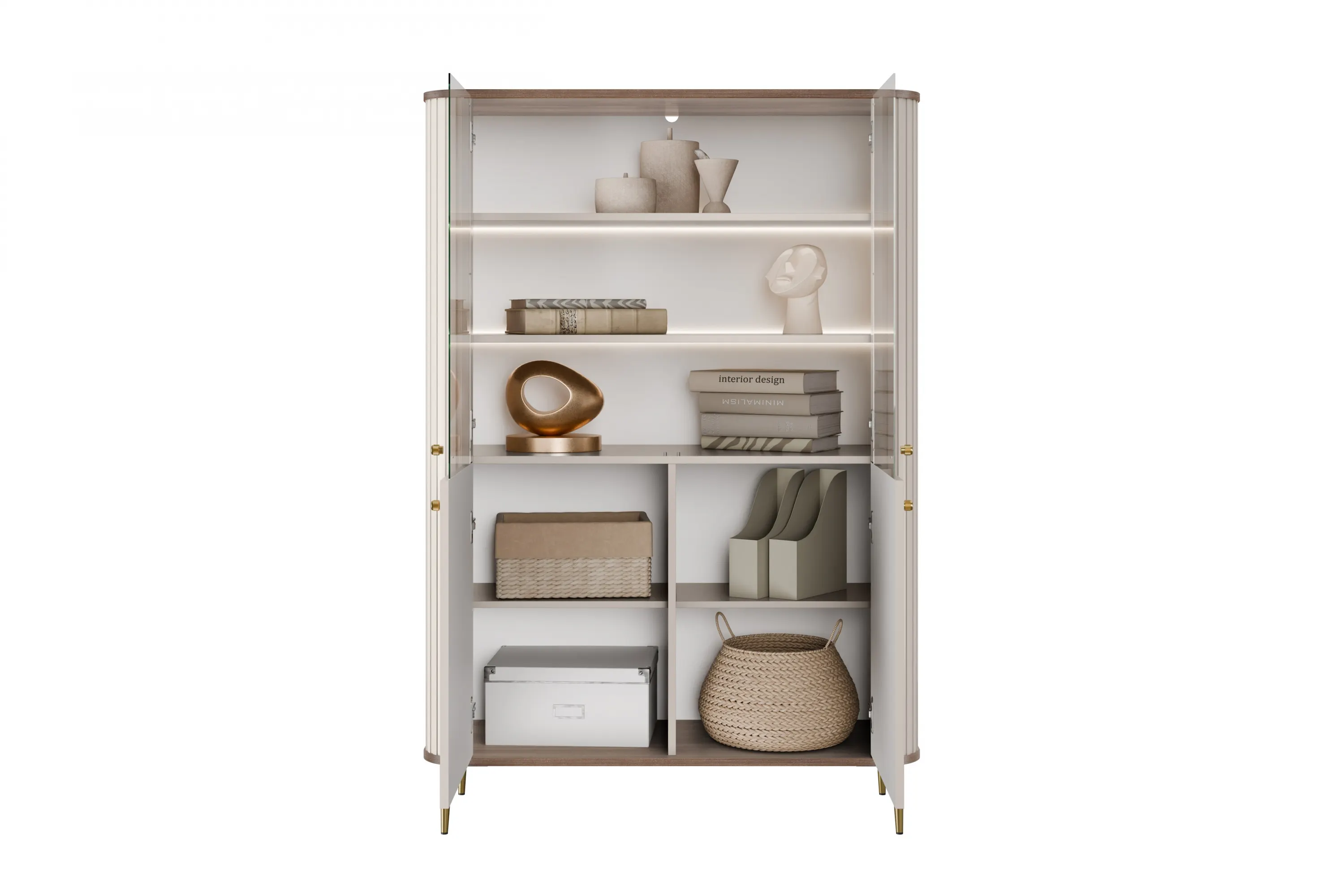 Witryna 4-drzwiowa z oświetleniem VESPER 103 ryflowany front cashmere orzech złote nogi - B_167223