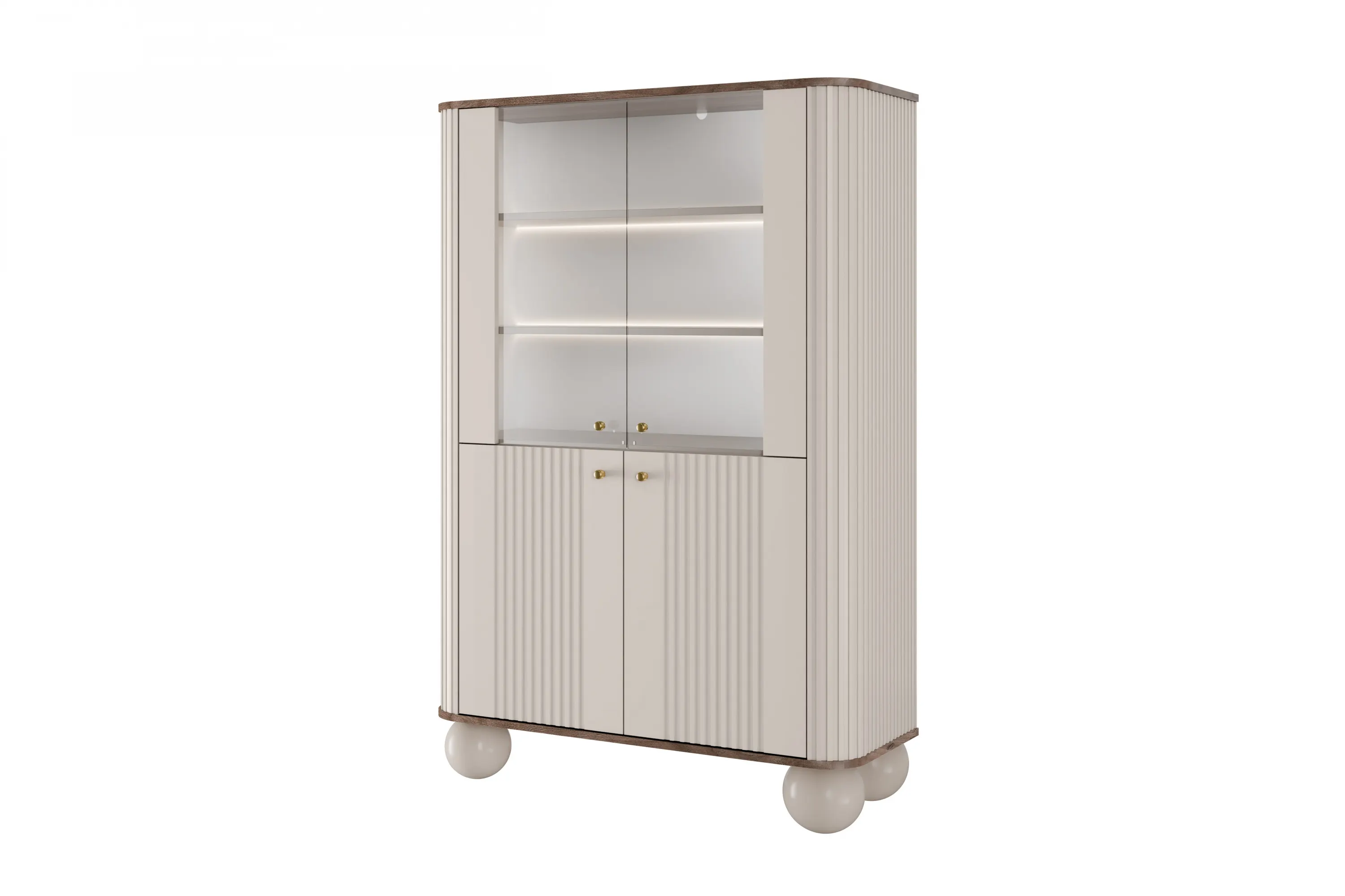 Witryna 4-drzwiowa z oświetleniem VESPER 103 ryflowany front cashmere orzech złote uchwyty nogi kule