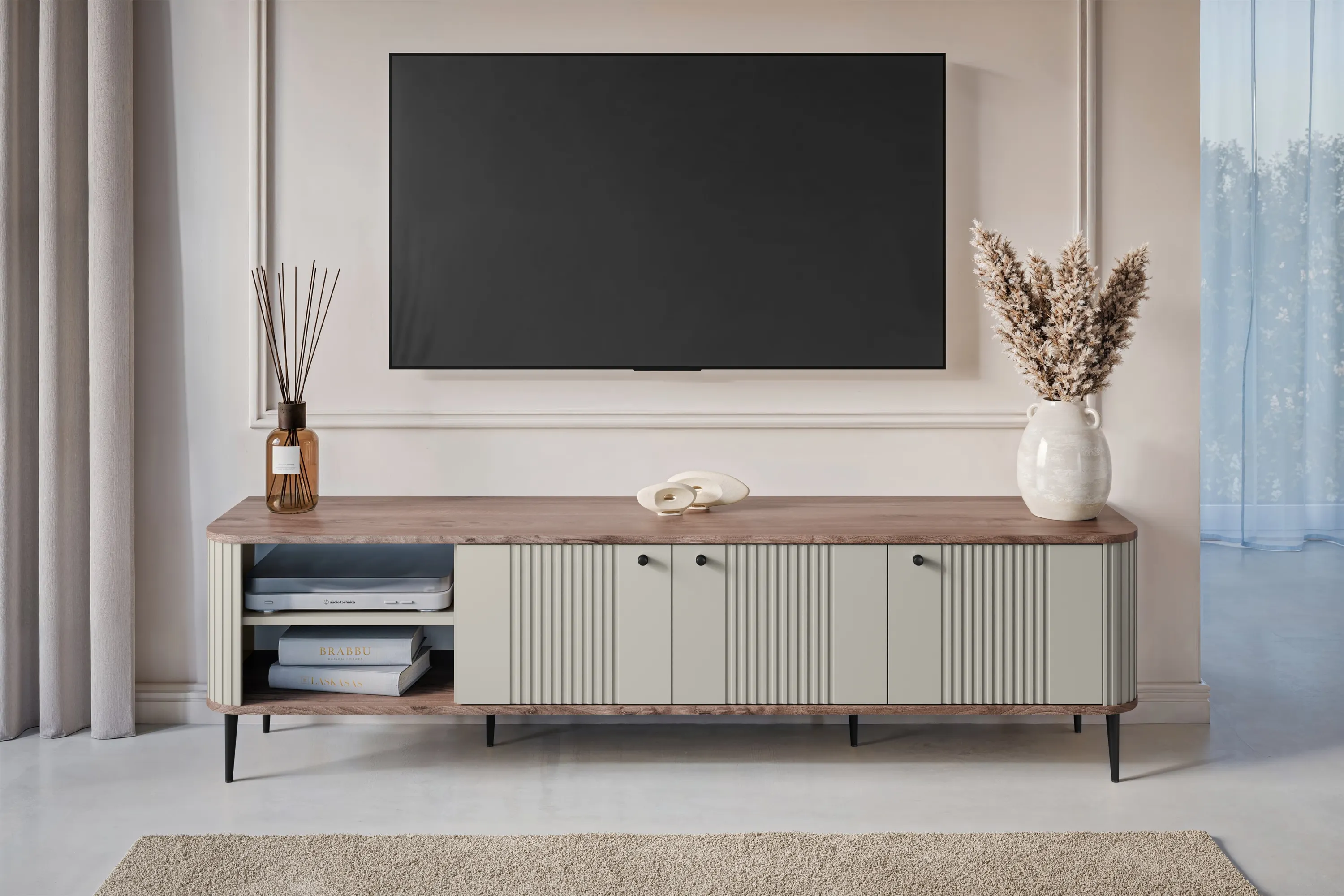 Szafka RTV 3-drzwiowa VESPER RTV 187 ryflowany front cashmere orzech czarne nogi - B_163672