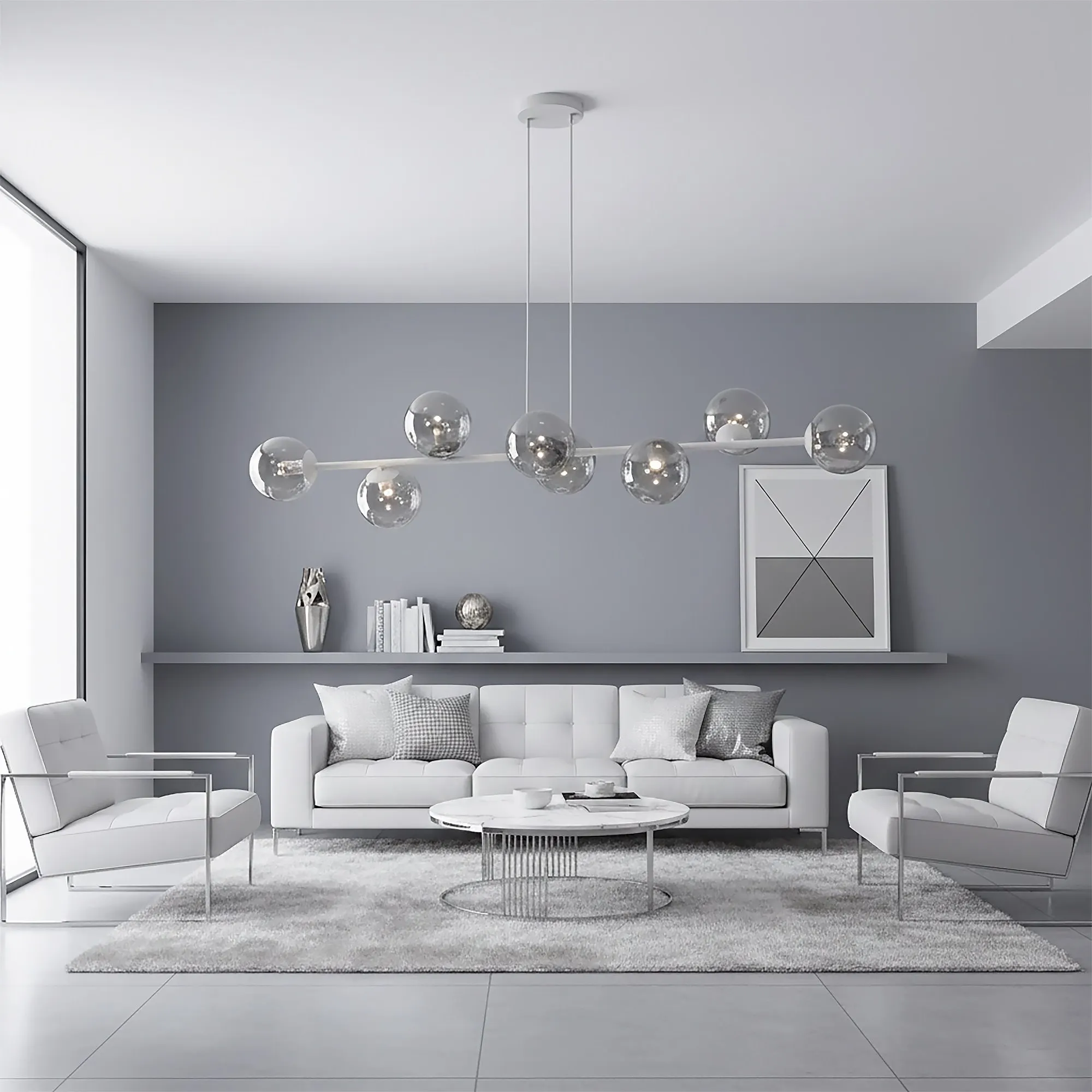 sofa, salon, minimalistyczny, stolik kawowy, lampa wisząca