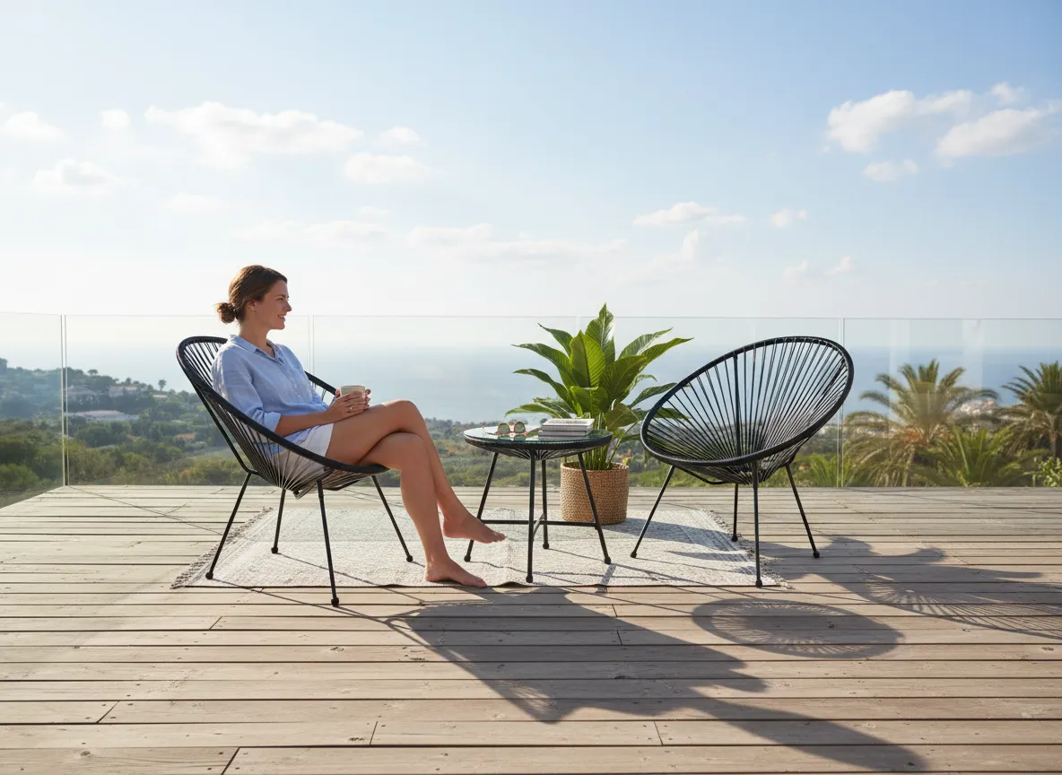 image rattan chair, outdoor lounge, deck, patio furniture, potted plant