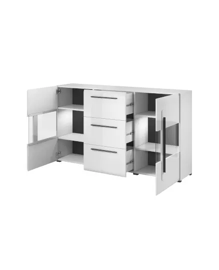 Komoda z witryną TULSA 28 z 3 szufladami dwudrzwiowa biała z czarnymi uchwytami 180x103x39cm - 2497FJ28