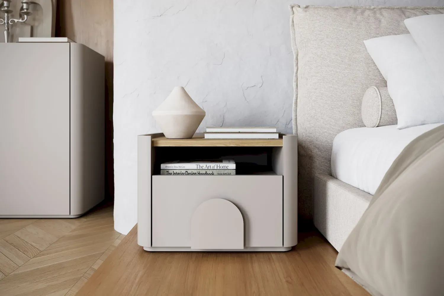 Szafka nocna z 1 szufladą i półką AMILIO 50 - cashmere dąb olejowany uchwyty cashmere - B_167057