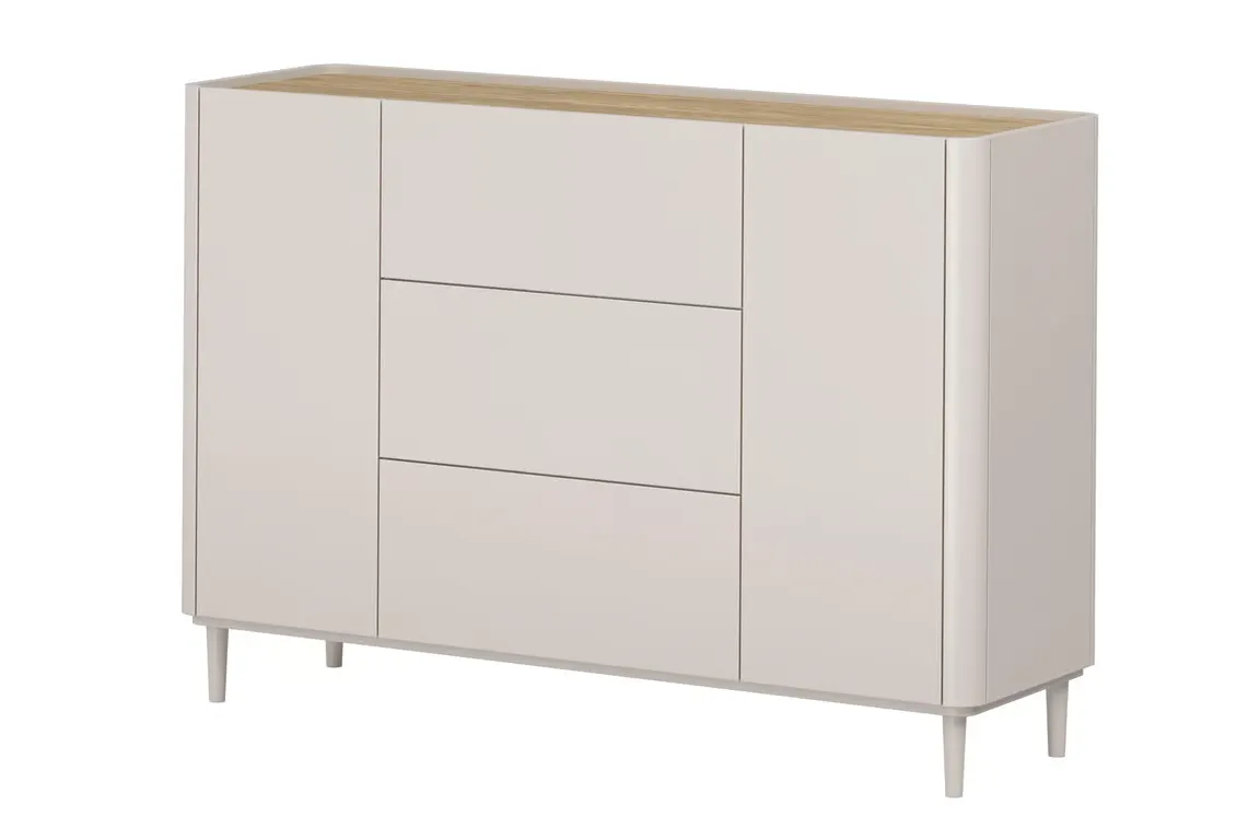 Komoda 2-drzwiowa z 3 szufladami ELIVO 150cm drewniane nóżki cashmere dąb olejowany