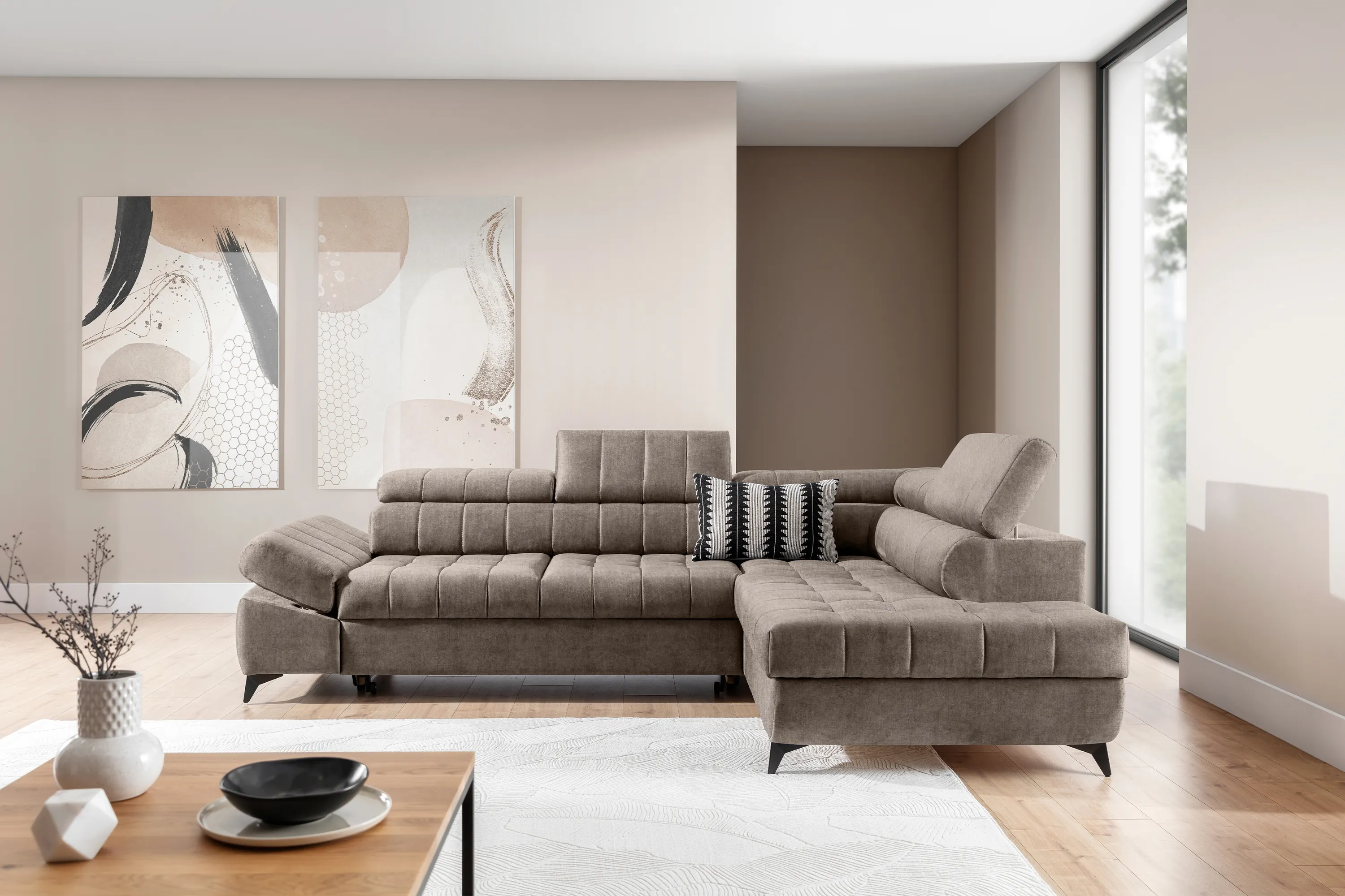 Narożnik prawostronny VALORIS L regulowane zagłówki i podłokietniki tkanina Vogue 4 brązowy - B_162916