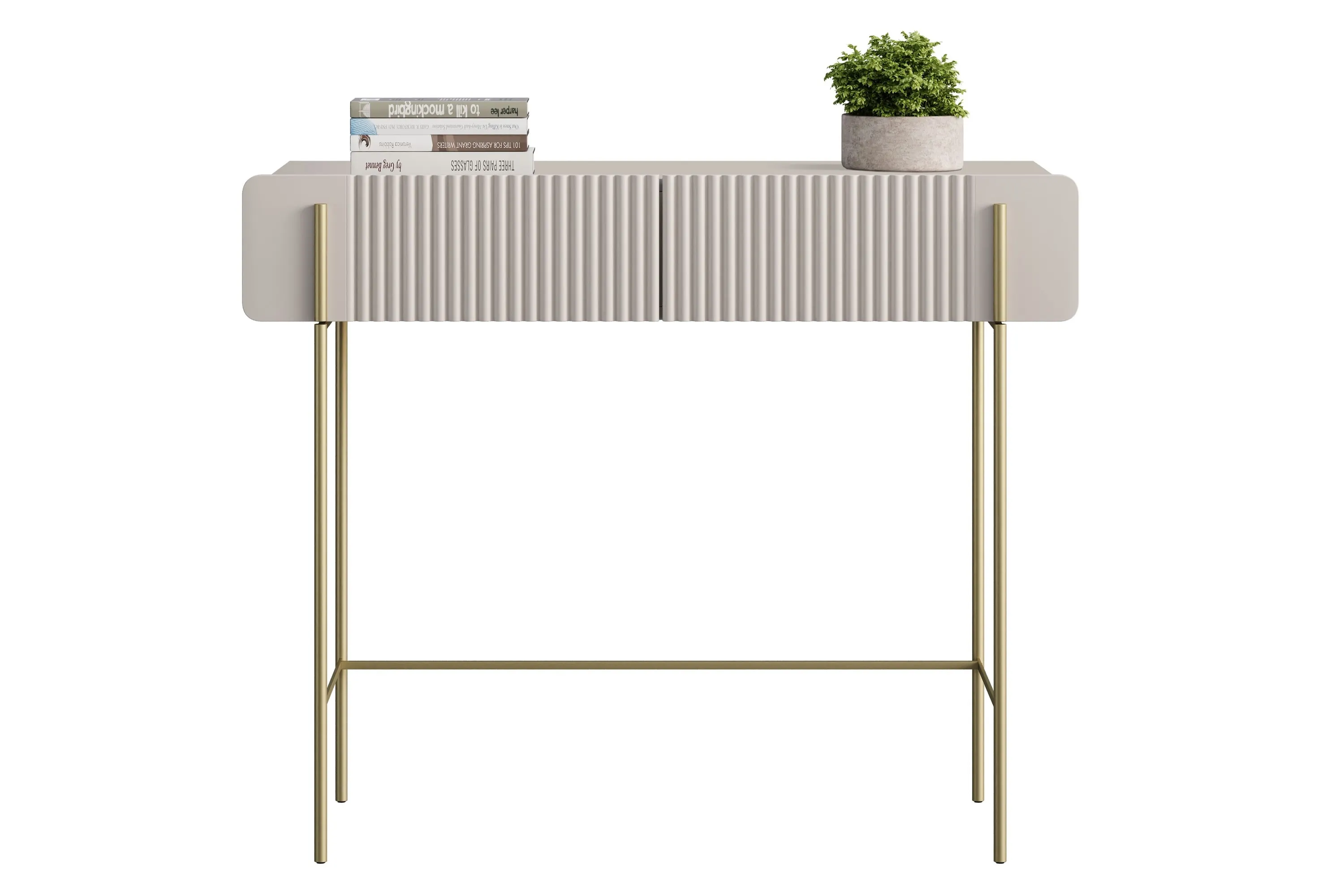 Toaletka z 2 szufladami MALMI ryflowany front 100cm - kaszmirowa - złoty stelaż - B_167008