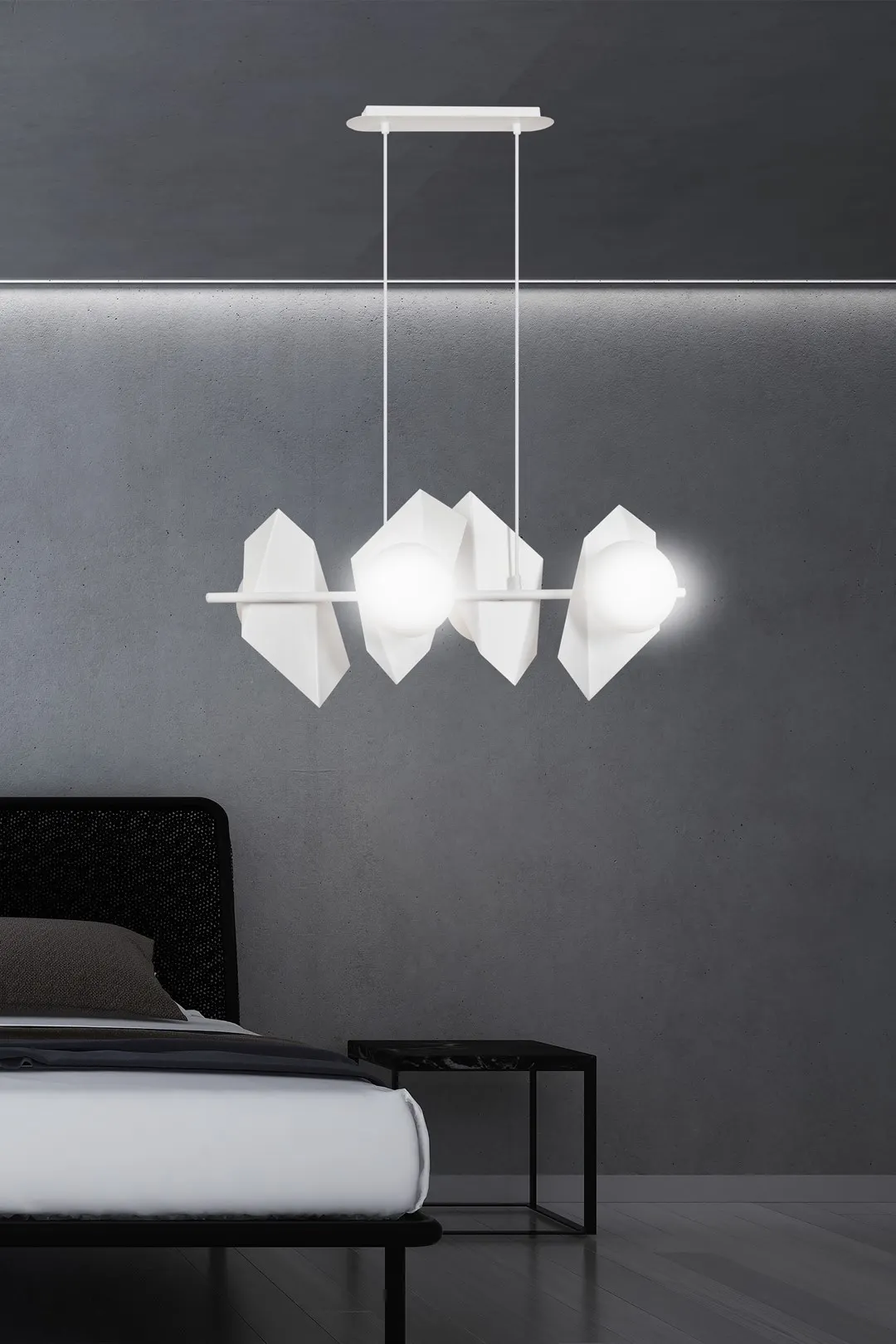 image lampa wisząca, kinkiet sufitowy, oświetlenie dekoracyjne, białe kule, sypialnia minimalistyczna