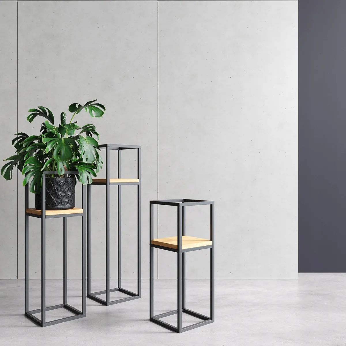 Kwietnik stojący ANET M metal drewno czarny naturalny - LD_TZ000173