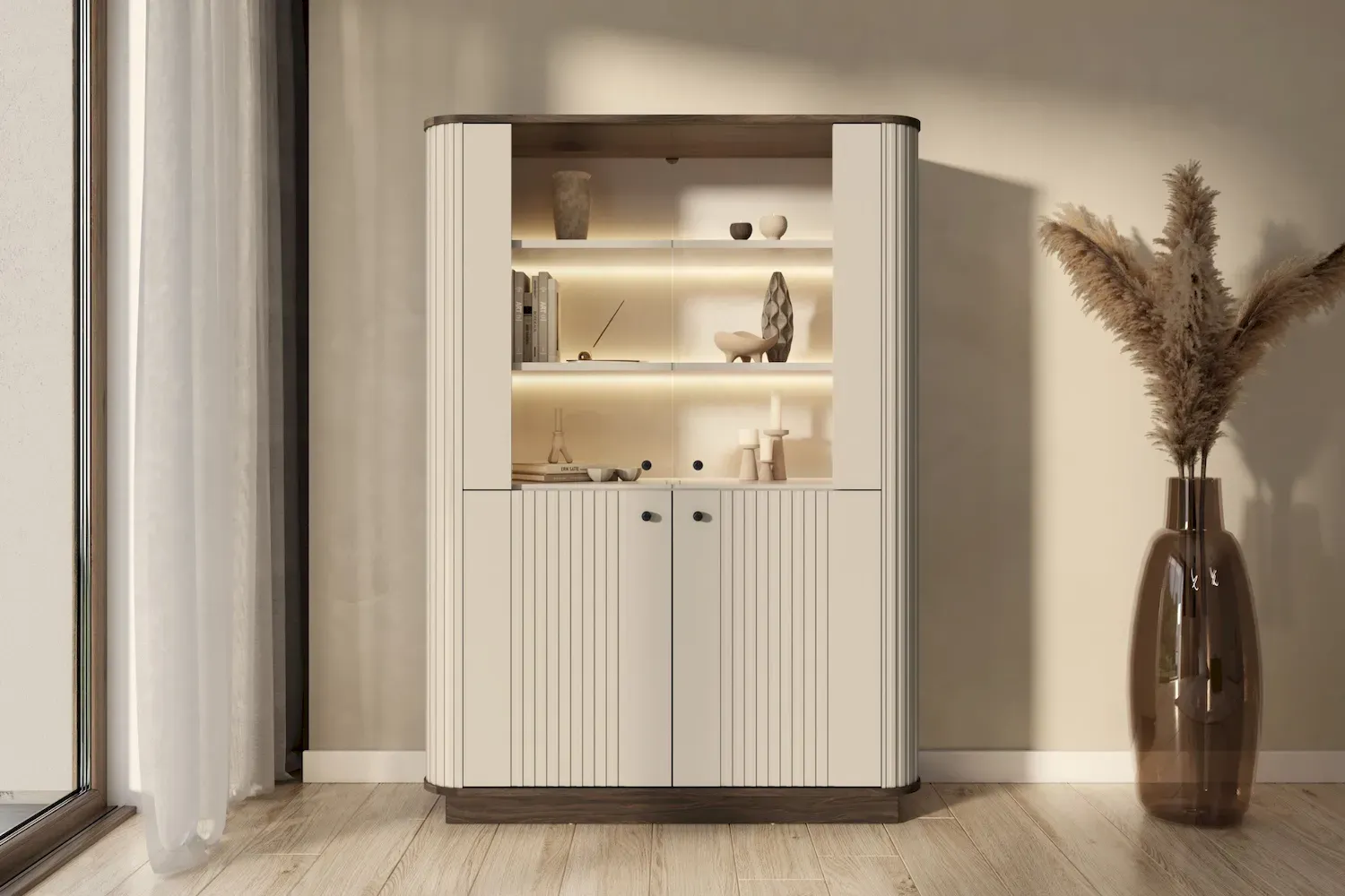 Witryna 4-drzwiowa VESPER z oświetleniem ryflowany front - cashmere orzech czarne uchwyty cokół - B_169476