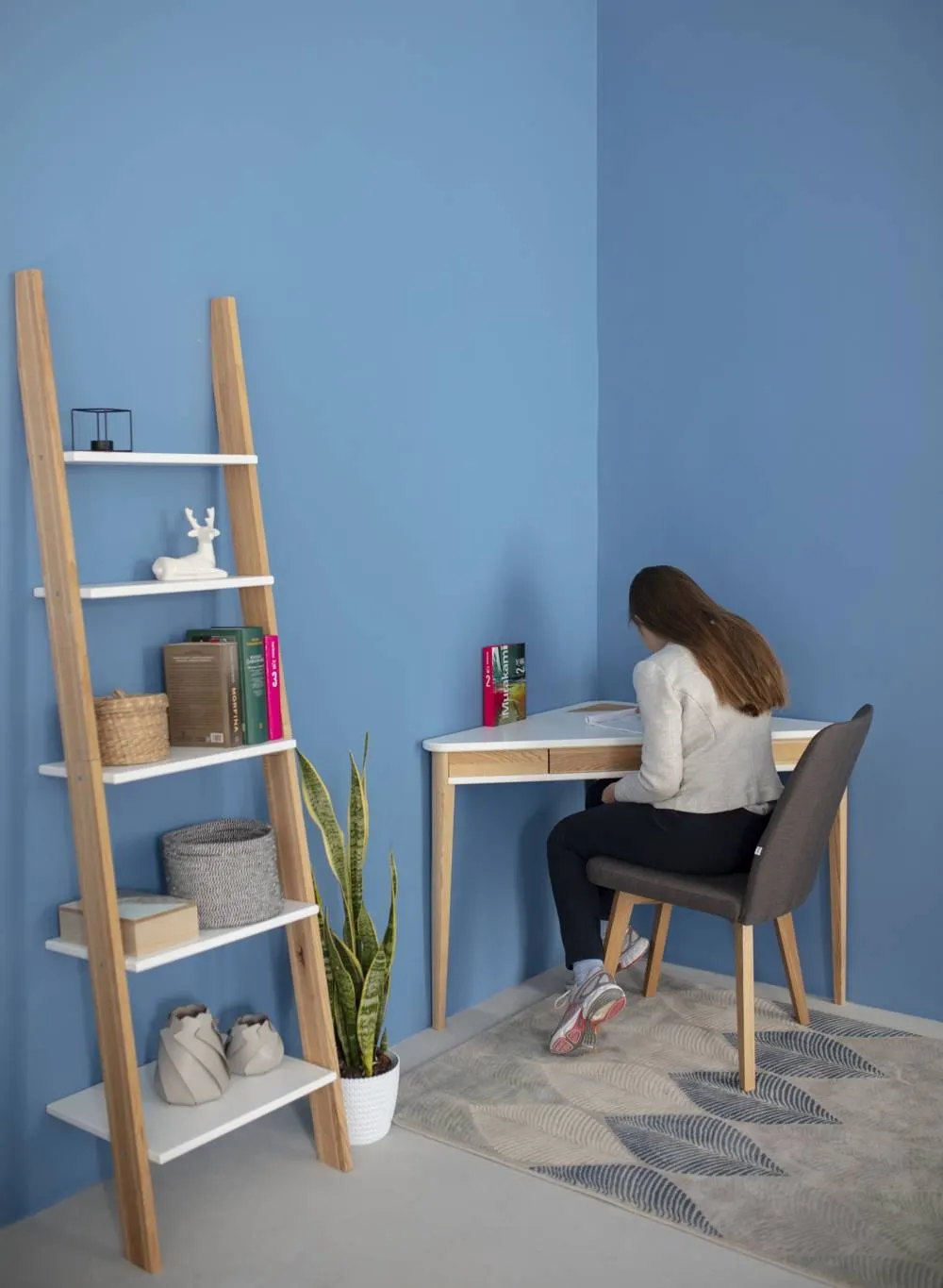 Biurko narożne z szufladą ASHME 114x85 brązowy blat/jesionowe nogi - NRAGABAACD7