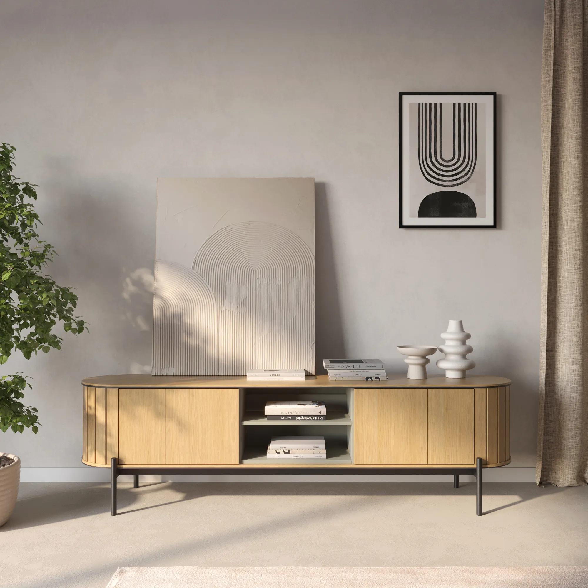 Zaokrąglona szafka RTV Rotto RT-06 200cm dąb vincenza/eukaliptus - RT6DE