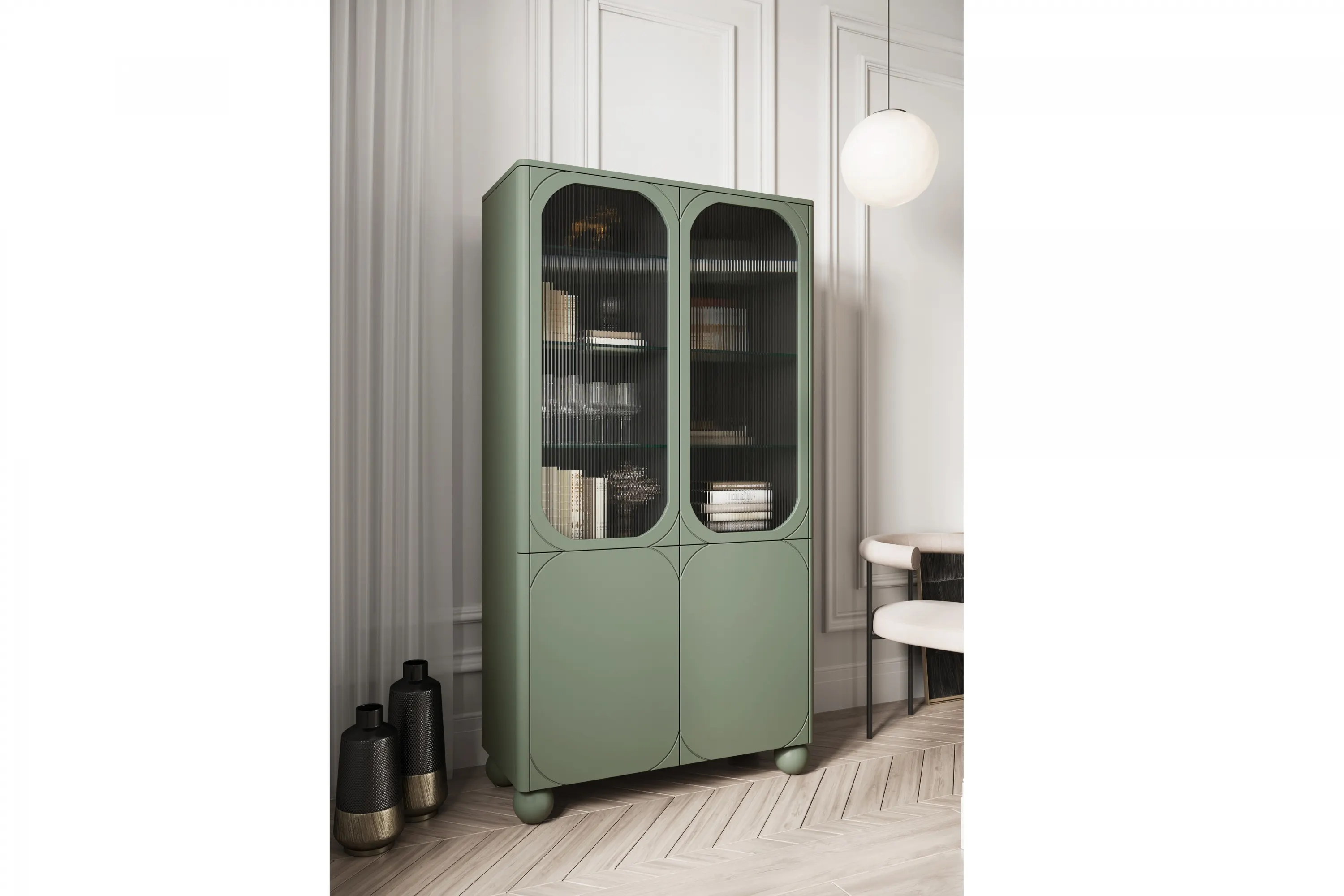 Witryna 4-drzwiowa SONATIA 100cm oliwka nogi kule - B_157128