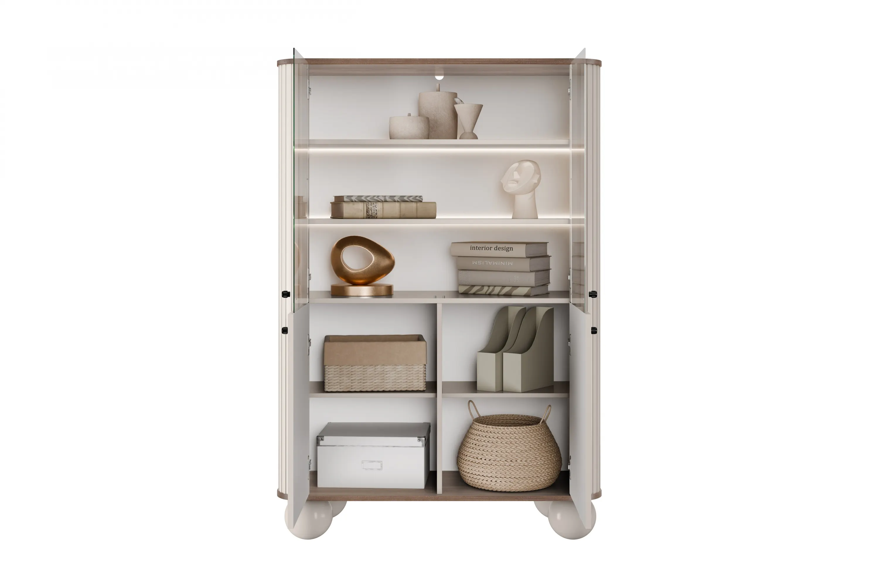 Witryna 4-drzwiowa z oświetleniem VESPER 103 ryflowany front cashmere orzech czarne uchwyty nogi kule - B_167226