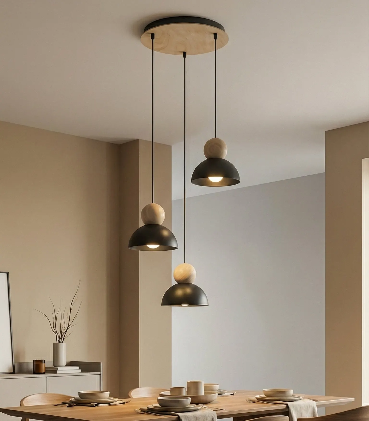 lampa wisząca, zestaw lamp, drewniane elementy, czarna stal, jadalnia