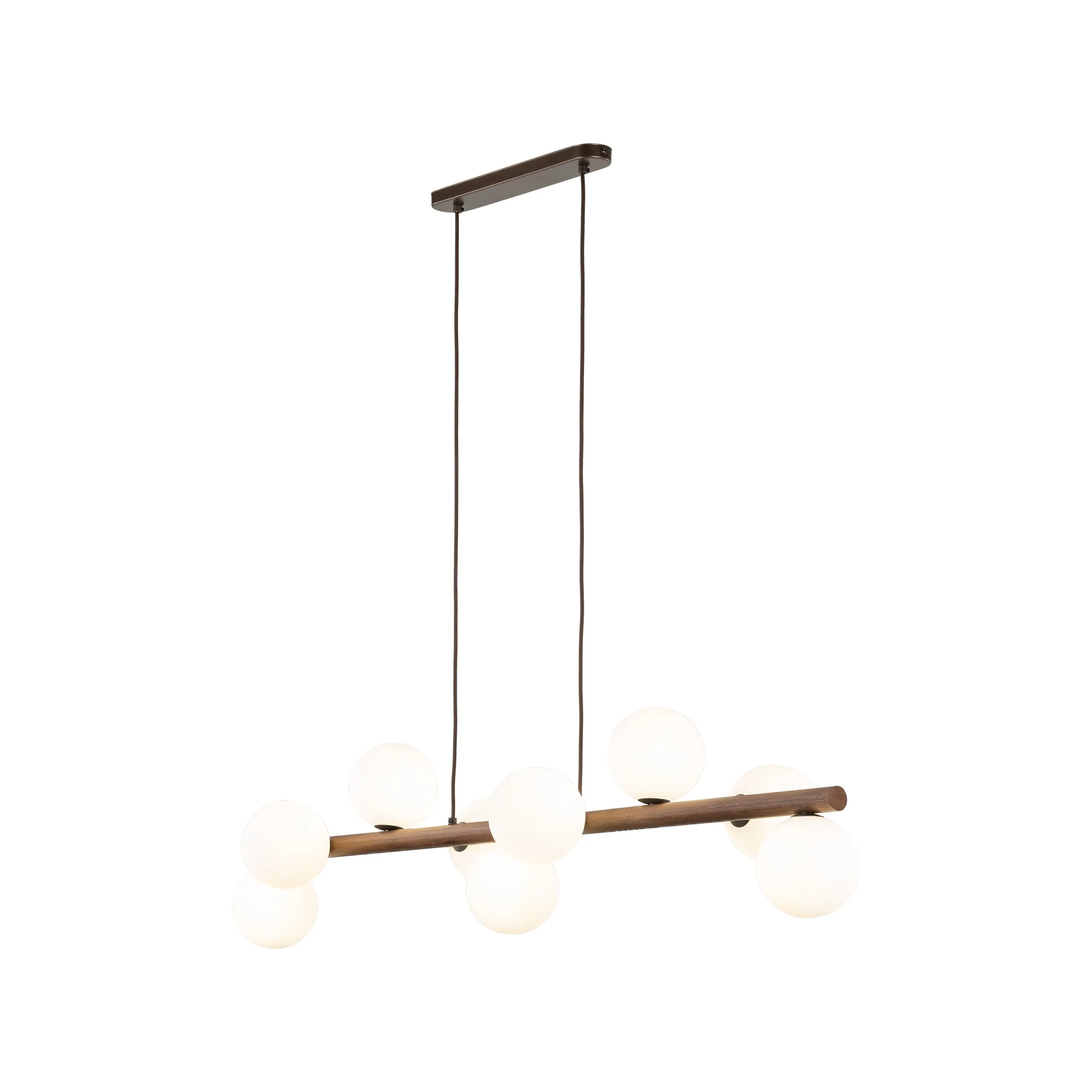 Lampa wisząca ESTERA ciemny orzech drewniana na listwie z białymi okrągłymi szklanymi kloszami 125x117x25cm - TK_10273
