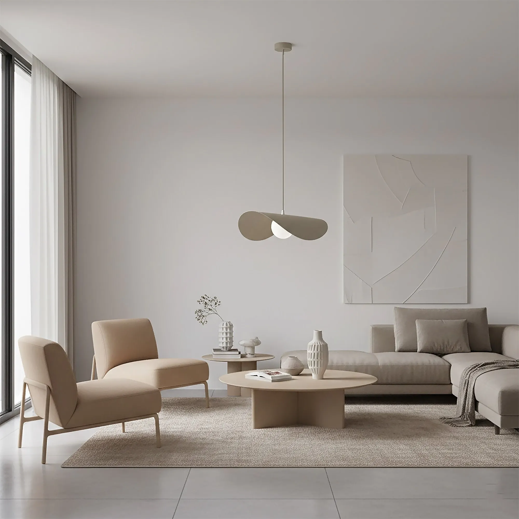 image sofa, salon, stolik kawowy, lampa wisząca, neutralny wystrój