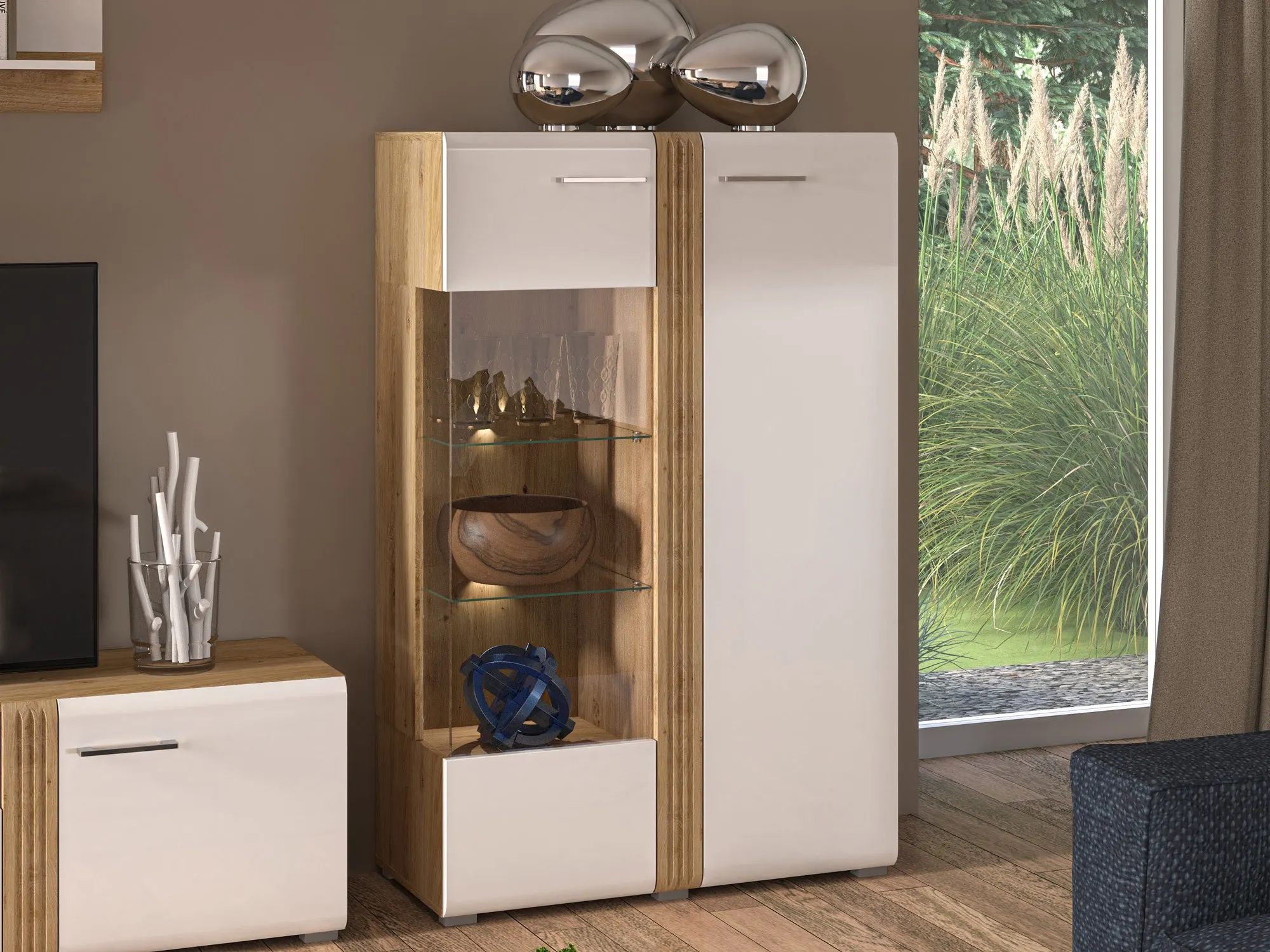 Witryna niska ADAGIO 03 Lewa dąb castello, biały połysk - 1ADAG03L-001