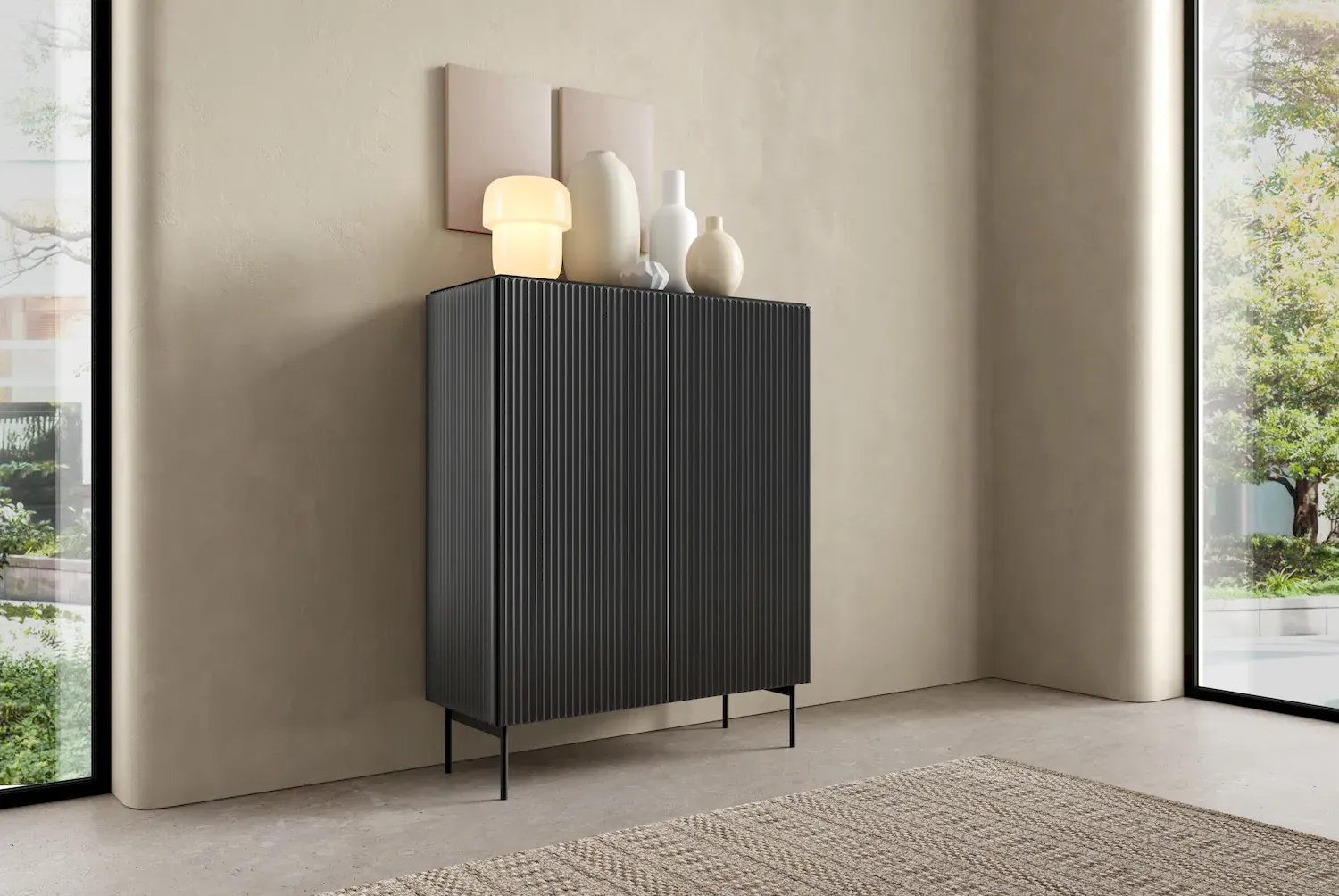 Komoda wysoka 2-drzwiowa MUTI ryflowany front czarna - LA_MUTI_KOMODA_WYSOKA_2D_CZARNY