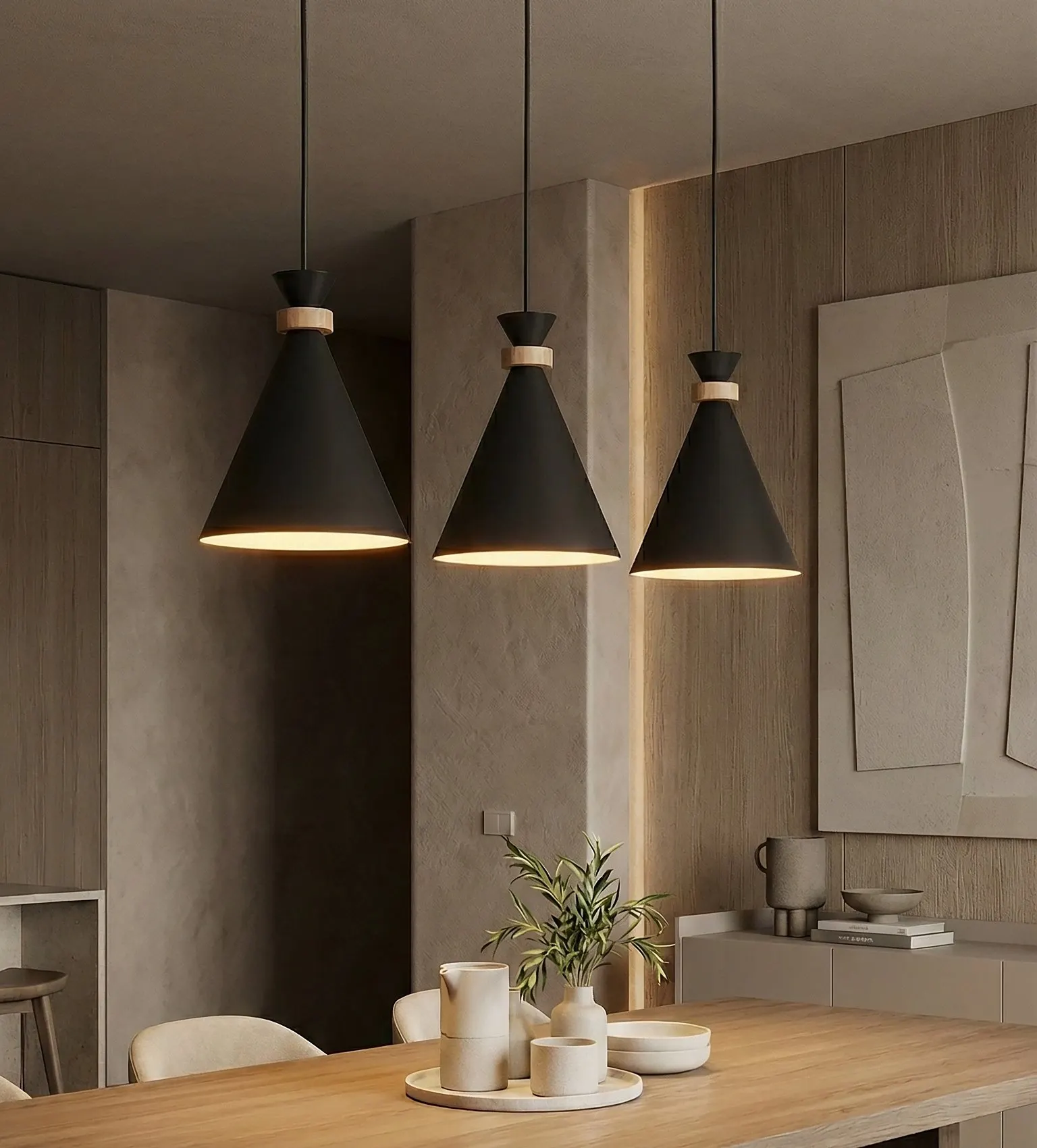 image lampa wisząca, oświetlenie wnętrza, klosz czarny, design minimalistyczny, drewniane akcenty