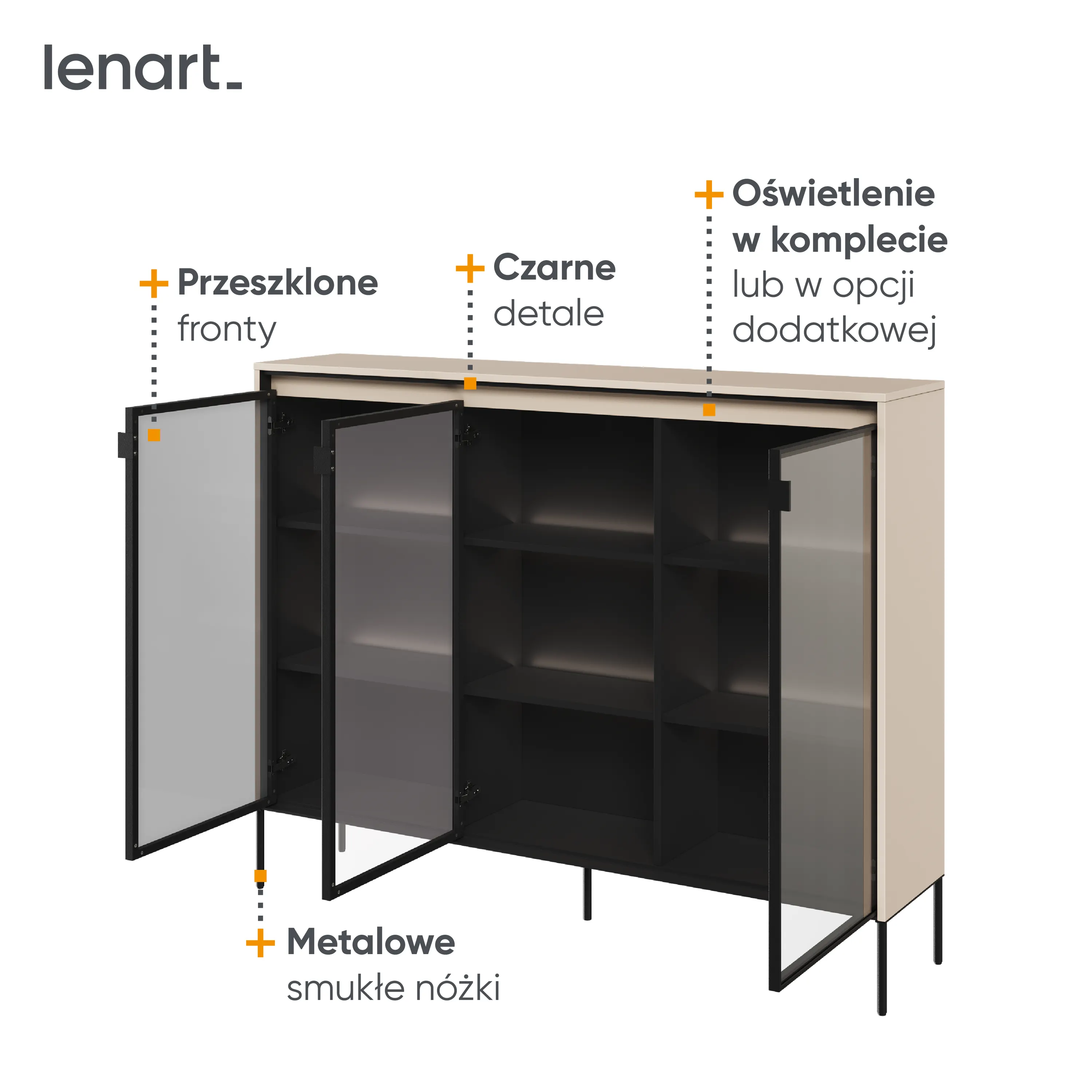 Niska witryna z oświetleniem TREND TR-08 3D beż piaskowy/czarny - TR8BPC-V2