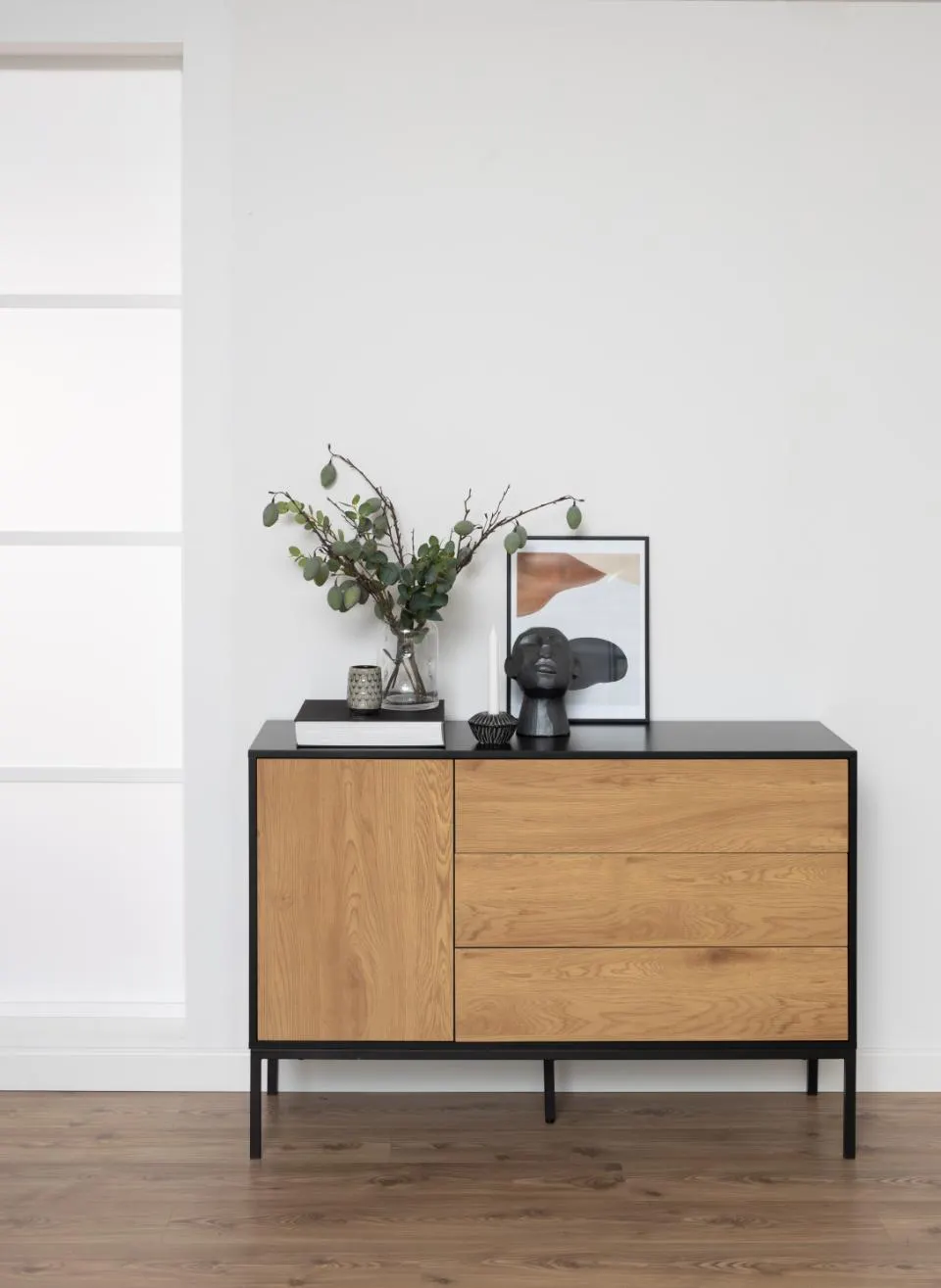 Komoda 1-drzwiowa z 3 szufladami MOODY 120x40x82 Naturalny, Czarny — zdjęcie 10