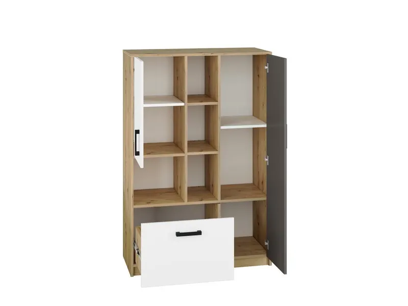 Regał 2-drzwioway z szufladą FINI 05 biały, antracyt, dąb artisan - 1FINI05-001