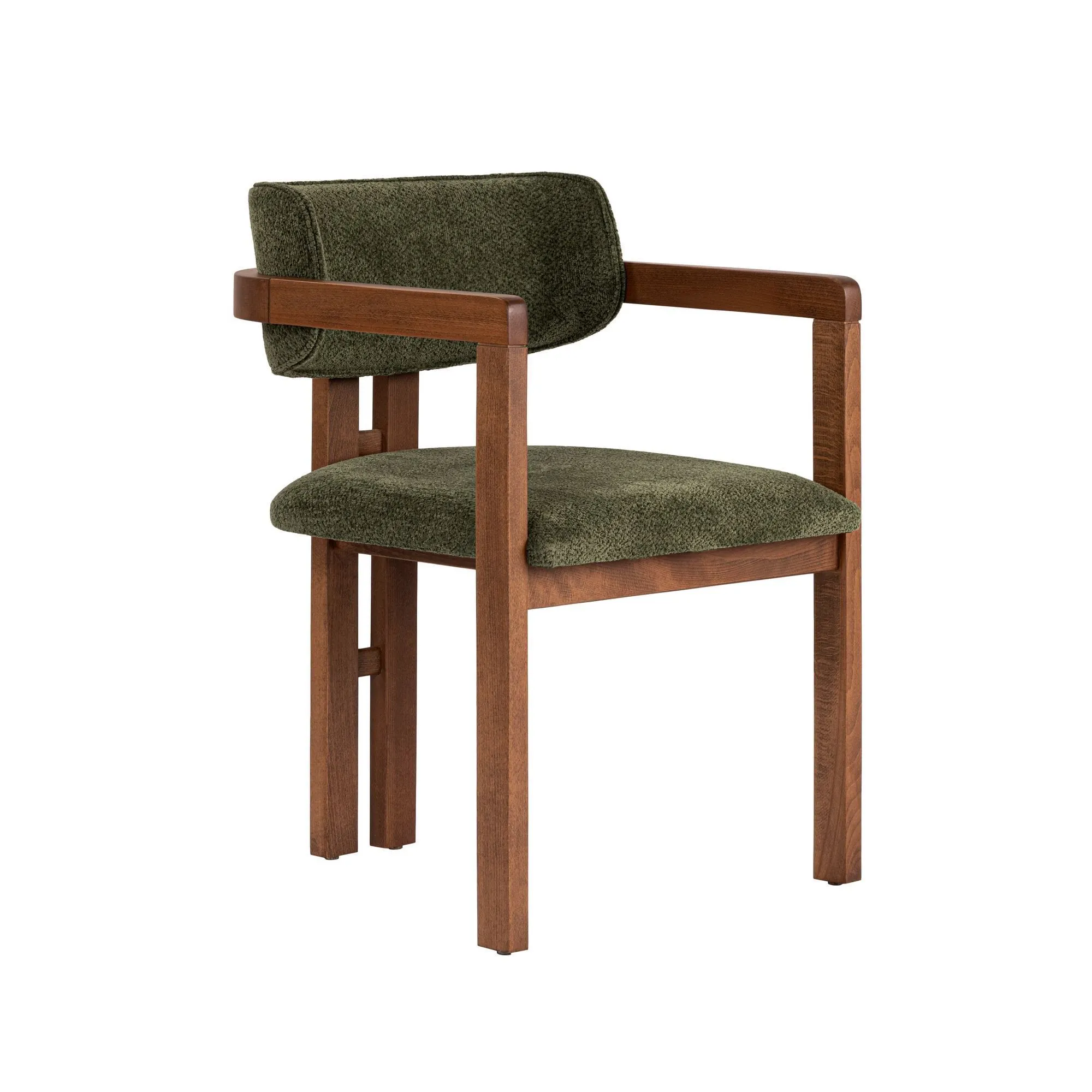 image drewniane krzeslo, zielony material, komfortowe siedzisko, klasyczny design, podstawa drewniana