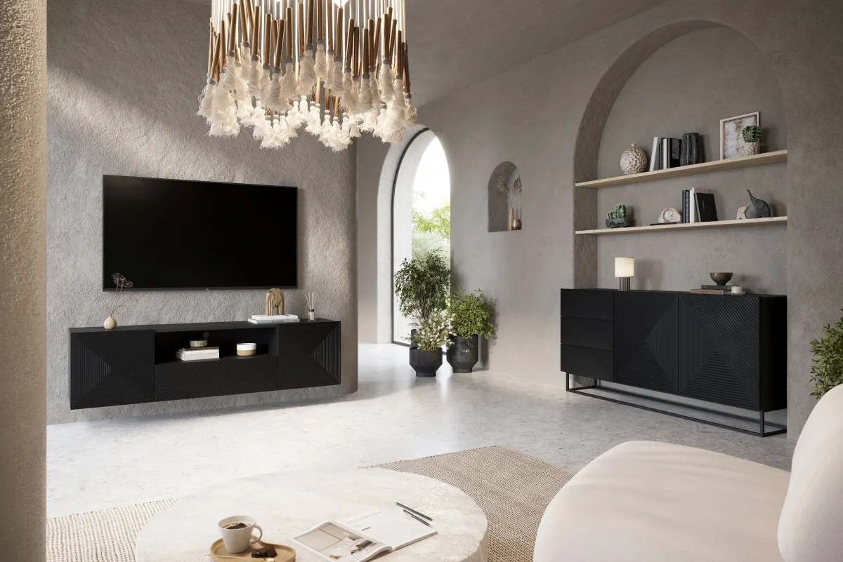 Komoda 2-drzwiowa z 3 szufladami ASHA 167 z szufladami - czarny mat - stelaż - ryflowany front - B_57061