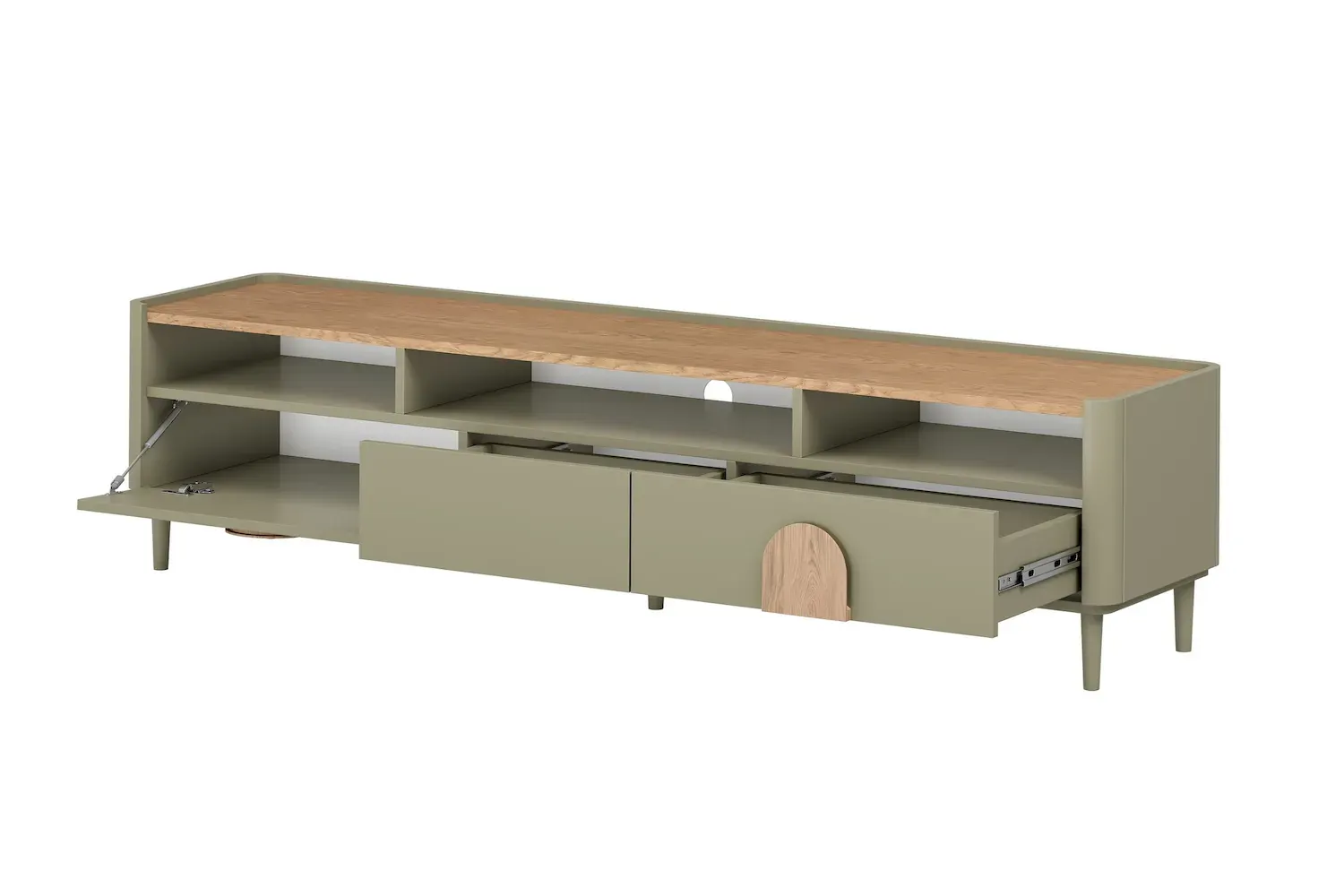 Szafka RTV z klapą i 2 szufladami AMILIO 200 - eukaliptus dąb baltic dune uchwyty dąb naturalny nogi eukaliptus - B_169229