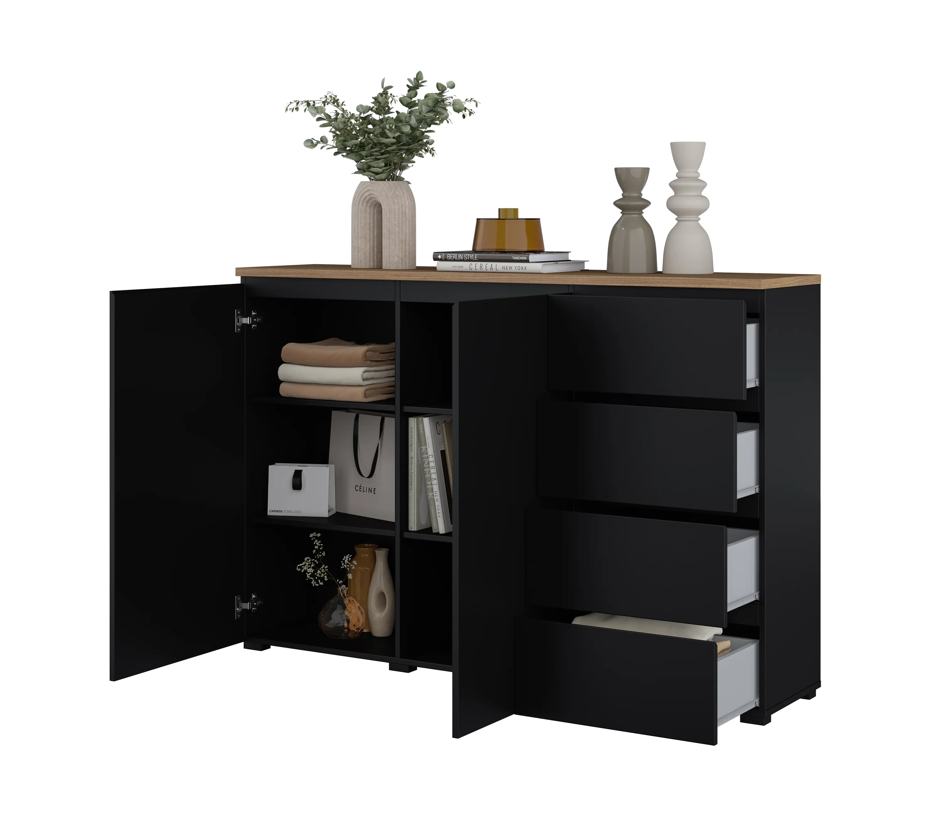 szafka, czarna, szuflady, regał z szafkami, drewniany blat