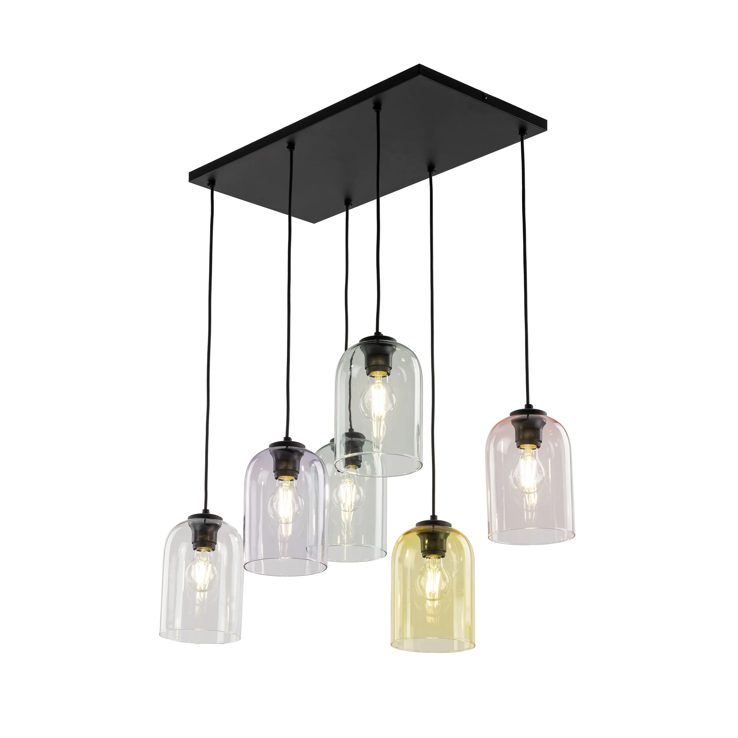 Lampa wisząca MOLLY czarna z różnokolorowymi transparentnymi fioletowymi różowymi żółtymi zielonymi szklanymi kloszami 150x58x38cm - TK_10302
