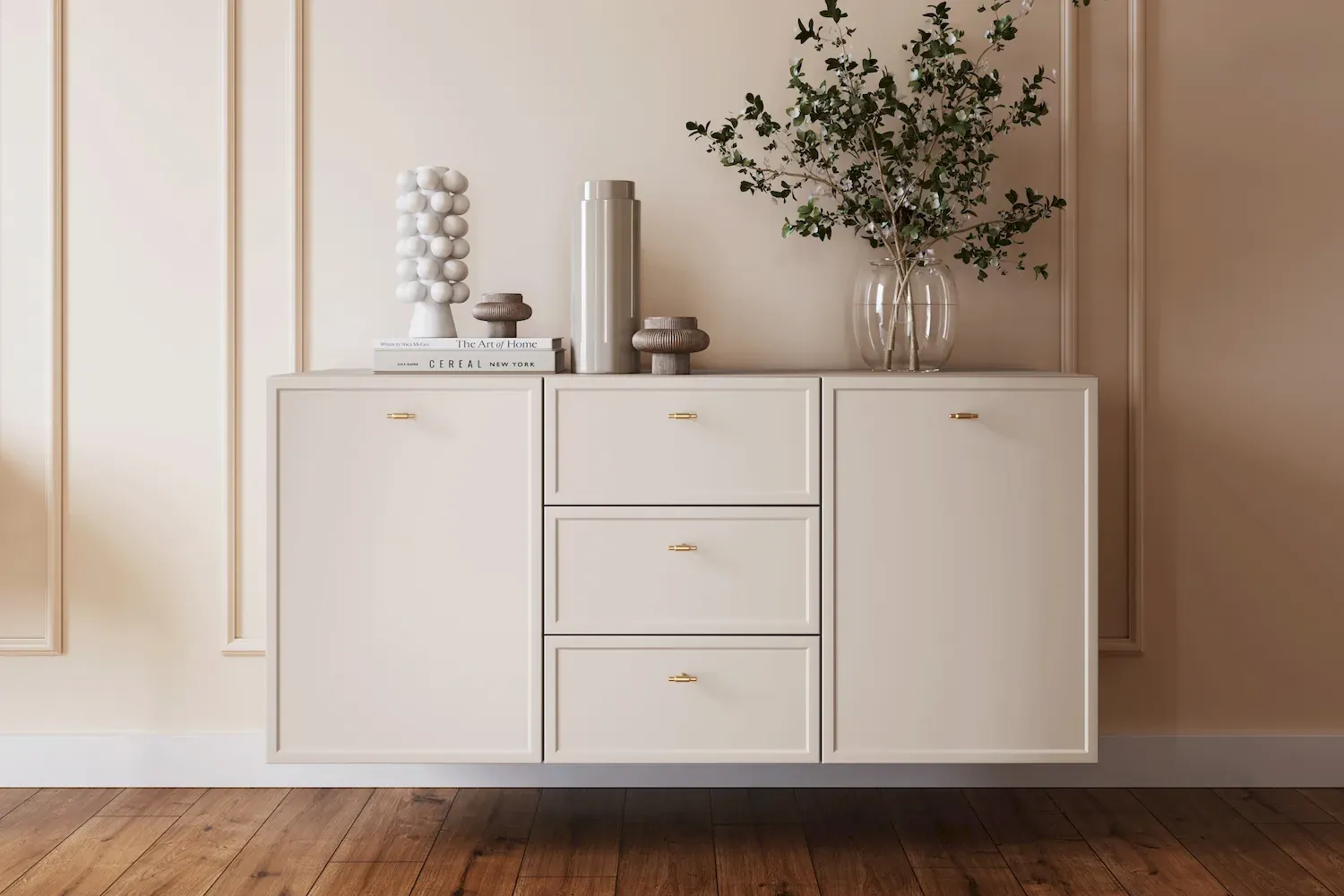 Komoda wisząca 2-drzwoiowa z 3 szufladami LORINI 150 - cashmere uchwyt T-bar złoty - B_166774