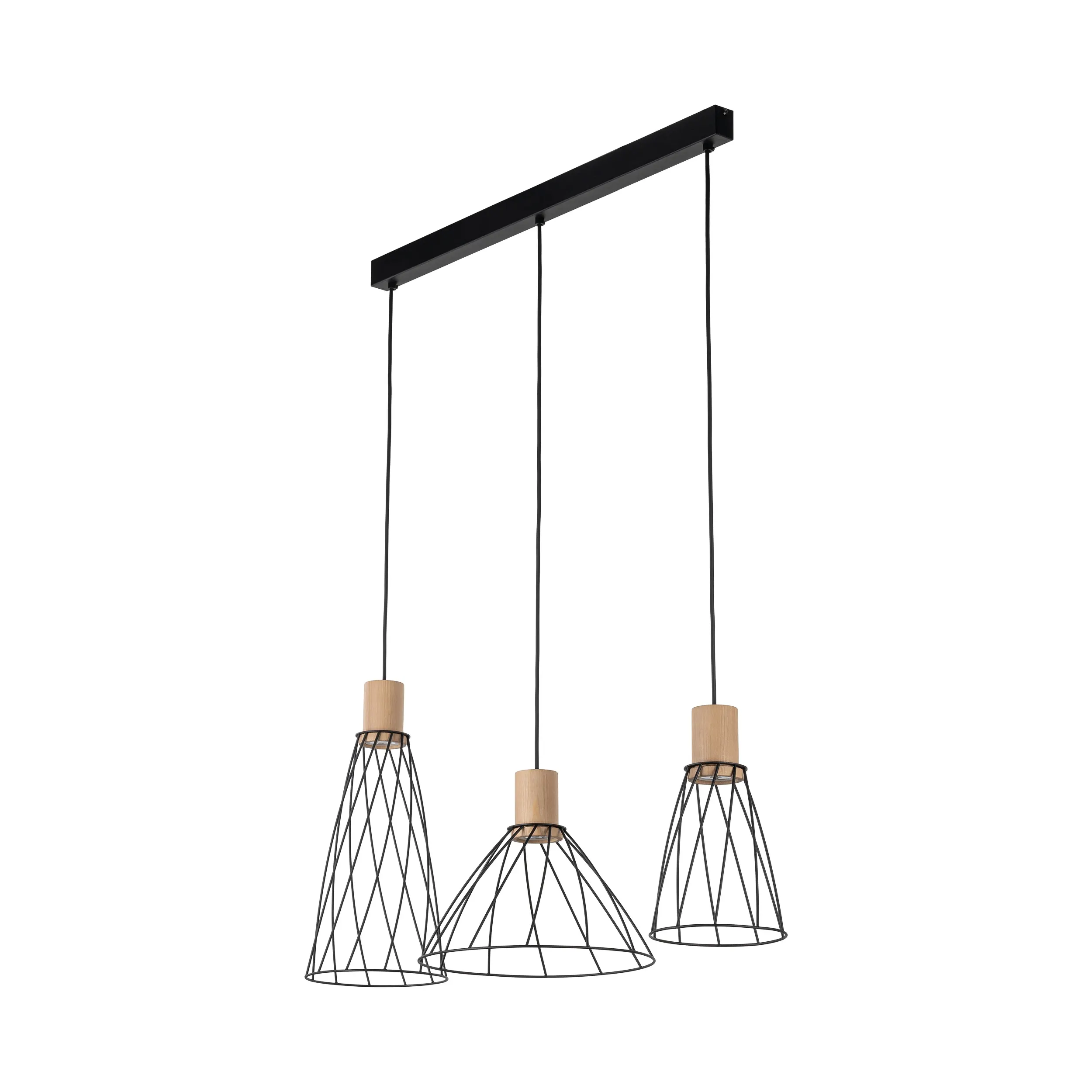 Lampa wisząca MODESTO czarna na listwie z drewnianymi elementami różnokształtne klosze 140x82x29cm