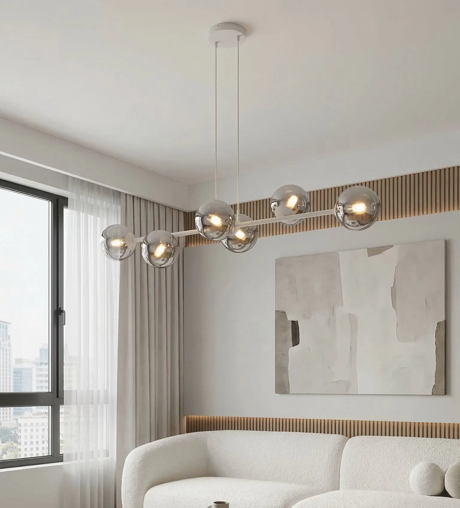 lampa sufitowa, kule szklane, minimalistyczny design, sofa narożnikowy, wnętrze nowoczesne