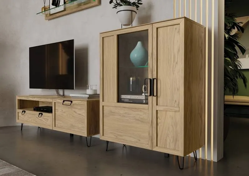 Witryna LIMBO 15 z drewna dębowego 2-drzwiowa z oświetleniem dąb artisan 124x95x42cm - TH-100-1588