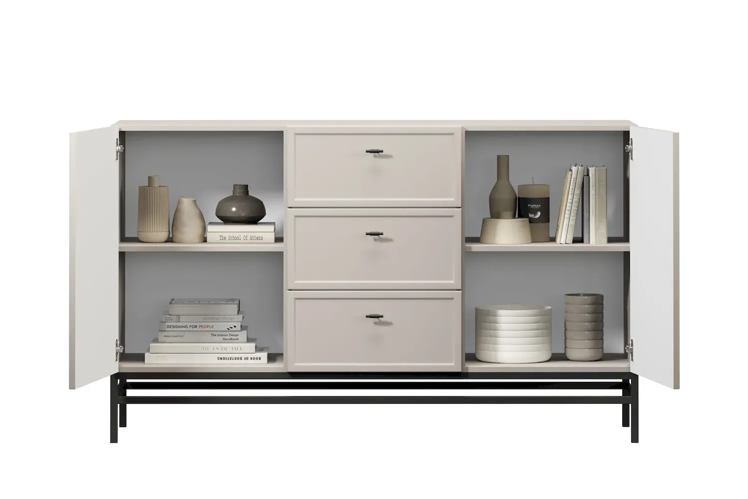 Komoda 2-drzwoiowa z 3 szufladami LORINI 150 - cashmere uchwyt T-bar czarny stelaż czarny