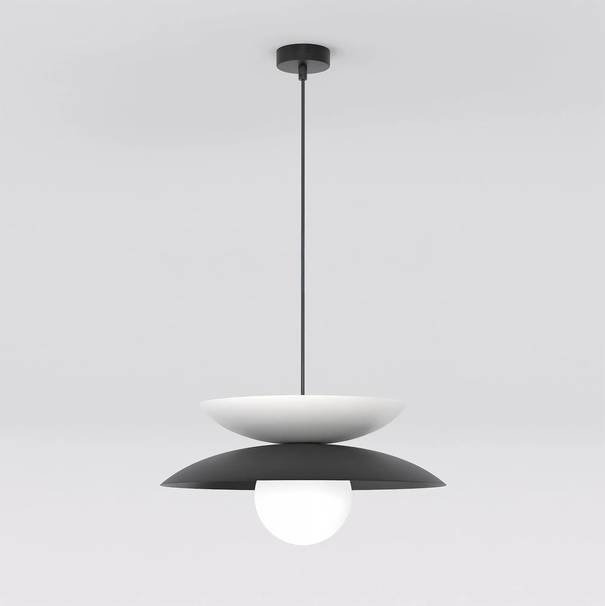 image lampa wisząca, chromowana podstawa, kolor czarny, biały abażur, design minimalistyczny