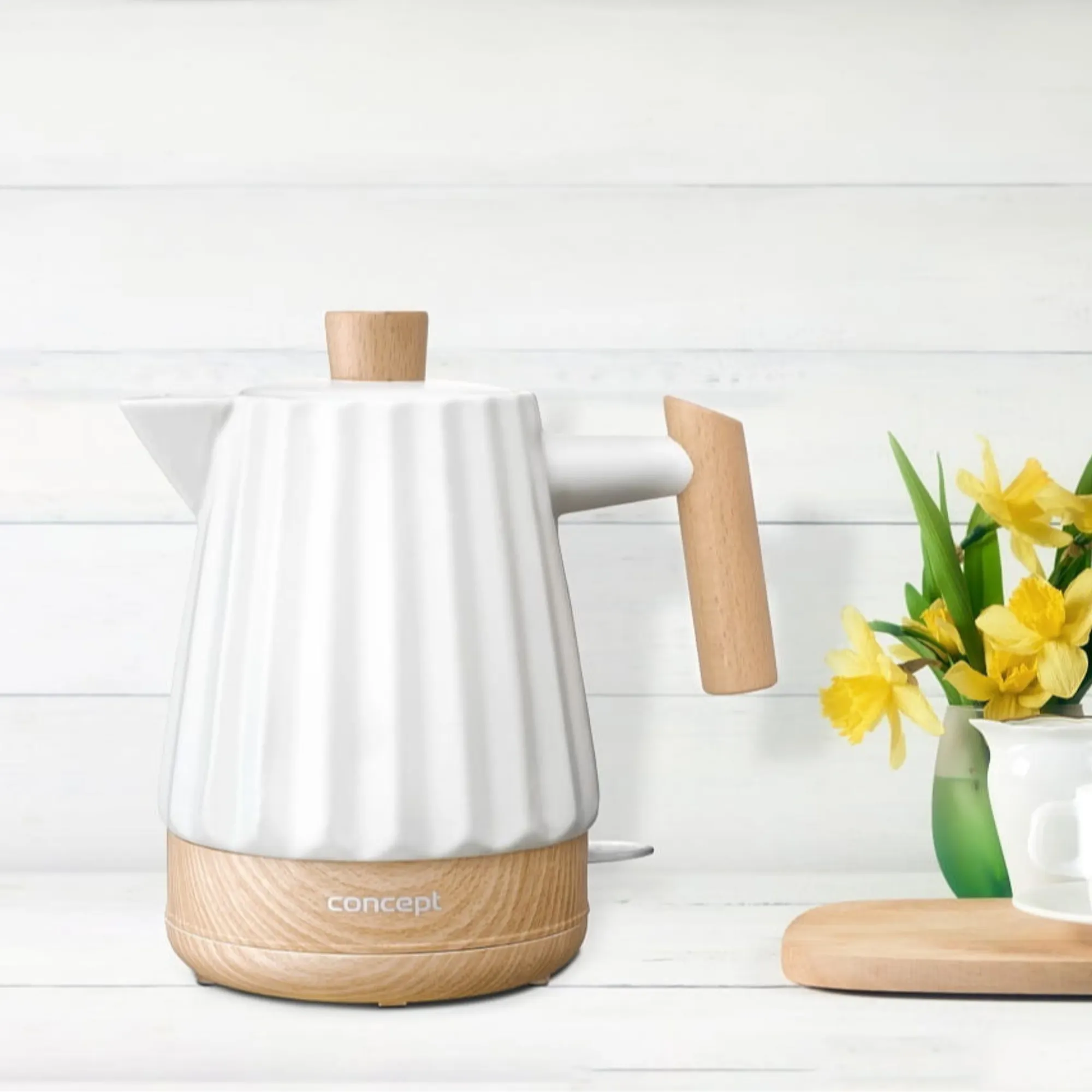 image czajnik, elektryczny, drewniane elementy, biały, wyrób z tworzywa sztucznego