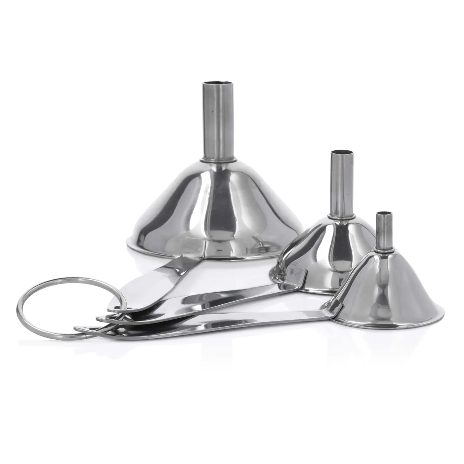 image stal nierdzewna, lejeki, zestaw, sprzęt kuchenny, metal polerowany