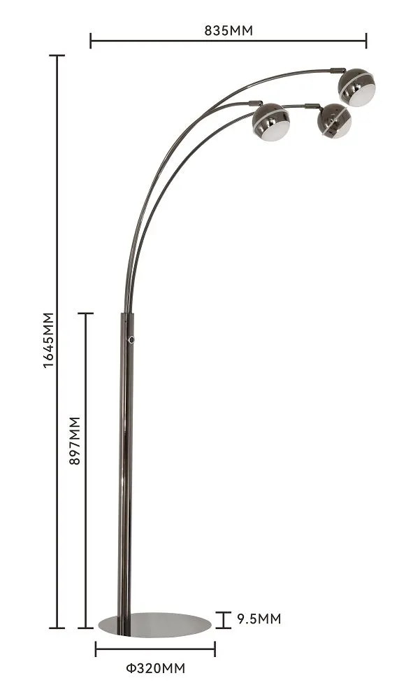 lampa stojąca, lampka podłogowa, metalowa lampa, trzy żarówki, kula wiszaca