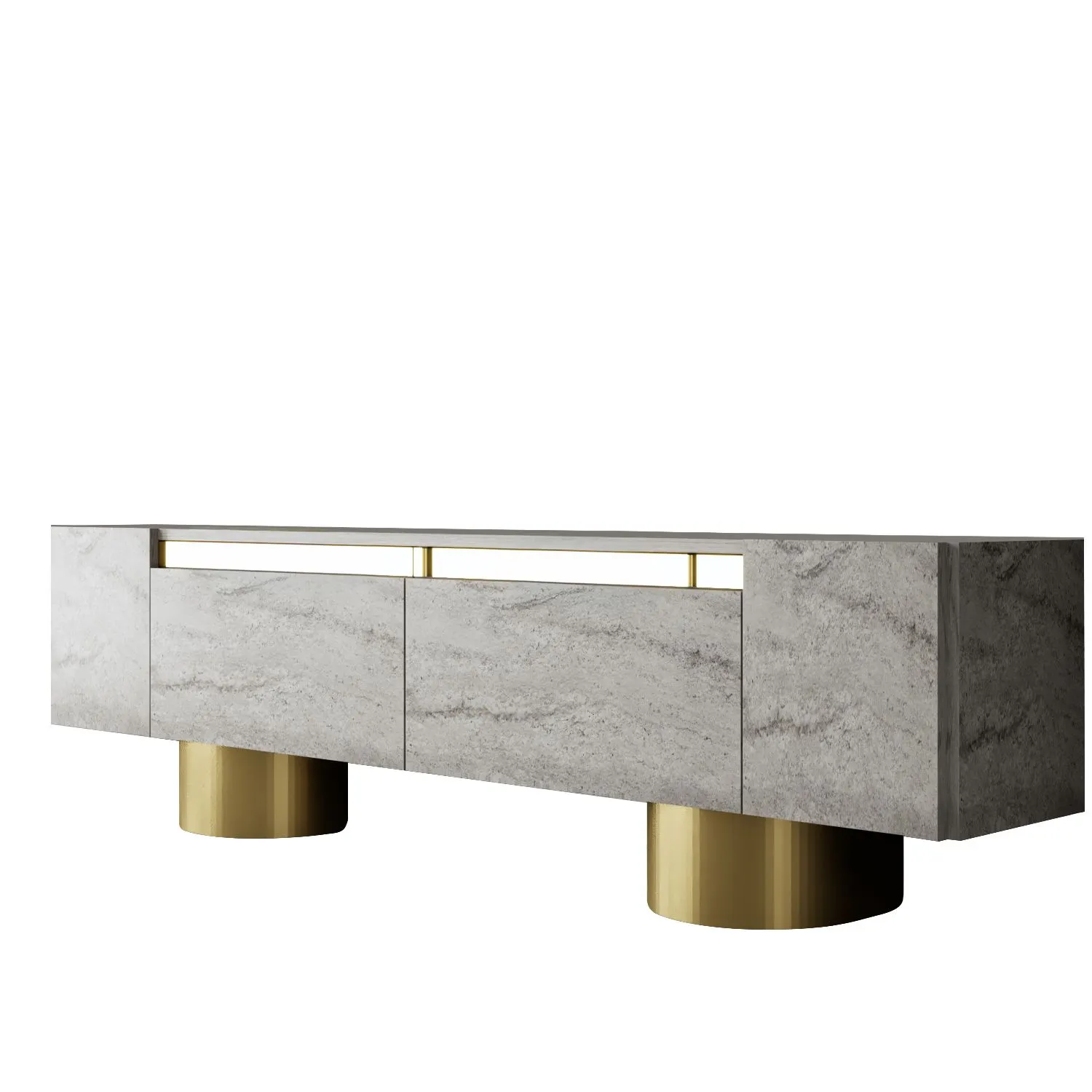 Szafka RTV z 2 klapami na blaszanych nogach BOHEM 180x50x30 cm trawertyn czarny stelaż