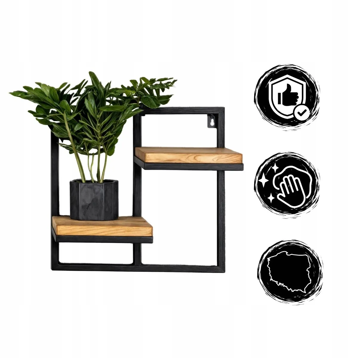 Kwietnik wiszący LENS M metal drewno czarny naturalny - LD_TZ000085