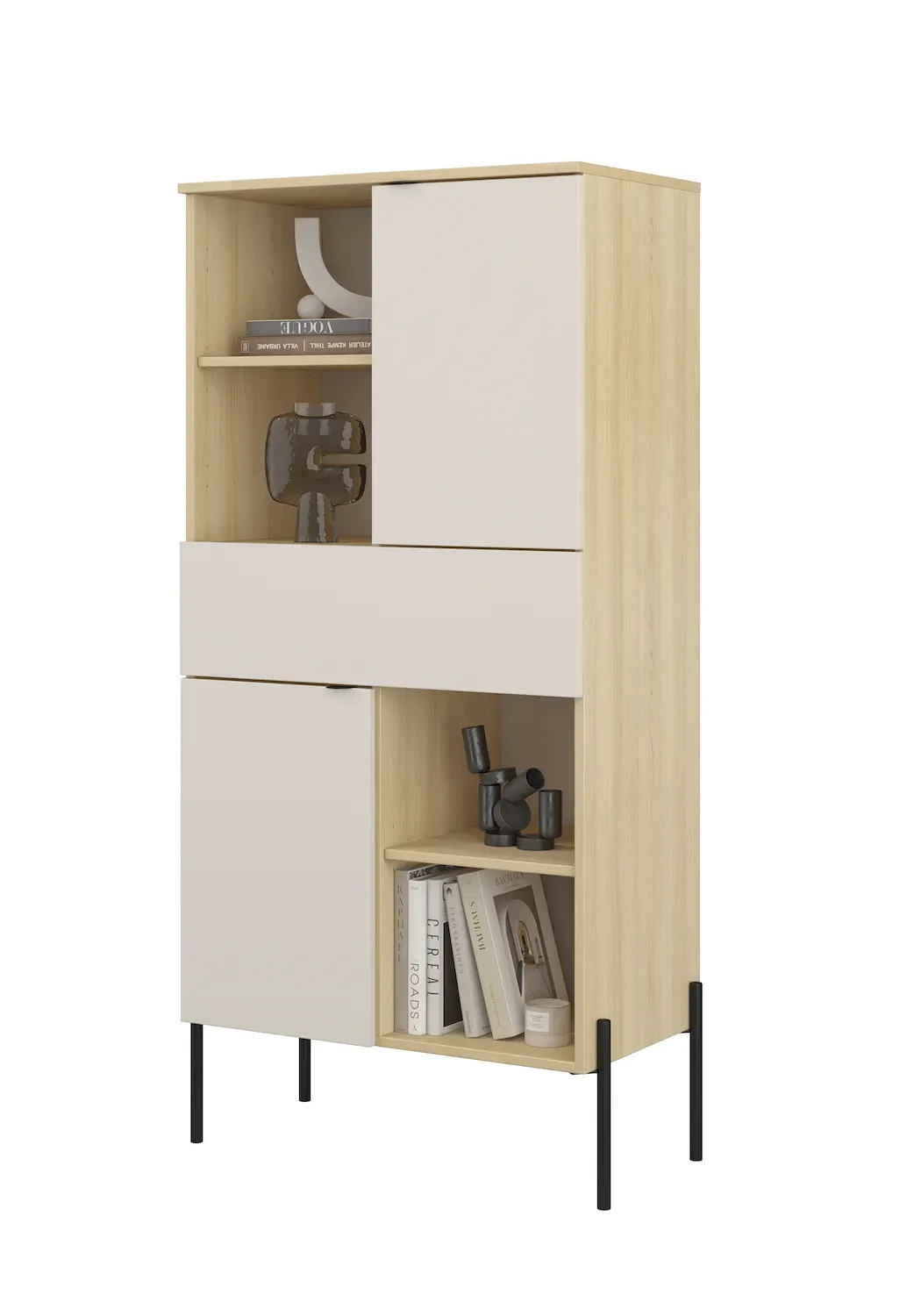 Komoda wysoka 2-drzwiowa z szufladą ORE dąb lindberg kaszmir czarne nóżki - 24LKOG42