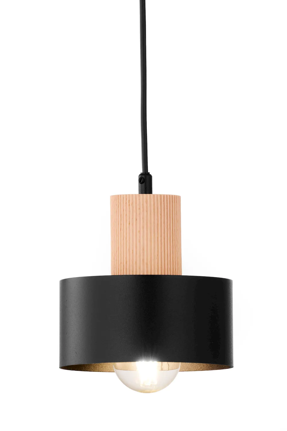 lampa wisząca, metalowa obudowa, drewno, czarna, żarówka
